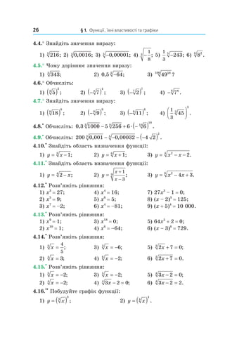 26 § 1. Функції, їхні властивості та графіки
4.4.° Знайдіть значення виразу:
1) 2163
; 2) 0 00164
, ; 3) −0 000015
, ; 4) −
1
8
3 ; 5)
1
3
2435
− ; 6) 826
.
4.5.° Чому дорівнює значення виразу:
1) 3433
; 2) 0 5 643
, ;− 3) 4950100
?
4.6.° Обчисліть:
1) 53
3
( ) ; 2) −( )74
4
; 3) −( )27
7
; 4) − 788
.
4.7.° Знайдіть значення виразу:
1) 188
8
( ) ; 2) −( )99
9
; 3) −( )116
6
; 4)
1
3
453
3



 .
4.8.
•
Обчисліть: 0 3 1000 5 256 6 63 8 10
10
, .− + −( )æ
4.9.
•
Обчисліть: 200 0 001 0 00032 4 23 5
2
, , .− − − −( )
4.10.
•
Знайдіть область визначення функції:
1) y x= −13
; 2) y x= + 16
; 3) y x x= − −24
2.
4.11.
•
Знайдіть область визначення функції:
1) y x= −24
; 2) y
x
x
=
+
−
1
3
9 ; 3) y x x= − +26
4 3.
4.12.
•
Розв’яжіть рівняння:
1) x3
= 27; 4) x4
= 16; 7) 27x3
– 1 = 0;
2) x5
= 9; 5) x6
= 5; 8) (x – 2)3
= 125;
3) x7
= –2; 6) x4
= –81; 9) (x + 5)4
= 10 000.
4.13.
•
Розв’яжіть рівняння:
1) x9
= 1; 3) x18
= 0; 5) 64x5
+ 2 = 0;
2) x10
= 1; 4) x6
= –64; 6) (x – 3)6
= 729.
4.14.
•
Розв’яжіть рівняння:
1) x3 4
5
= ; 3) x3
6= − ; 5) 2 7 03
x + = ;
2) x4
3= ; 4) x6
2= − ; 6) 2 7 03
x + = .
4.15.
•
Розв’яжіть рівняння:
1) x3
2= − ; 3) x5
2= − ; 5) 3 2 04
x − = ;
2) x4
2= − ; 4) 3 2 04
x − = ; 6) 3 2 24
x − = .
4.16.
••
Побудуйте графік функції:
1) y x= ( )3
3
; 2) y x= ( )4
4
.
 