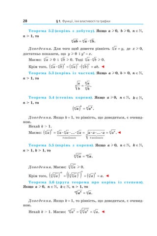 28 § 1. Функції, їхні властивості та графіки
Теорема 5.2 (корінь з добутку). Якщо a l 0, b l 0, n ∈»,
n > 1, то
ab a bn n n
= æ .
Доведення. Для того щоб довести рівність x yn
= , де x l 0,
достатньо показати, що y l 0 і yn
= x.
Маємо: an
l 0 і bn
l 0. Тоді a bn n
æ l 0.
Крім того, a b a b abn n
n
n
n
n
n
æ æ( ) = ( ) ( ) = . ◄
Теорема 5.3 (корінь із частки). Якщо a l 0, b > 0, n ∈»,
n > 1, то
a
b
a
b
n
n
n
= .
Теорема 5.4 (степінь кореня). Якщо a l 0, n ∈», k ∈»,
n > 1, то
a an
k
kn
( ) = .
Доведення. Якщо k = 1, то рівність, що доводиться, є очевид­
ною.
Нехай k > 1.
Маємо: a a a a a a an
k
n n n
k k
( ) = =æ æ æ æ æ æ... ...
множників множників
n
kn
a= . ◄
Теорема 5.5 (корінь з кореня). Якщо a l 0, n ∈», k ∈»,
n > 1, k > 1, то
a akn nk
= .
Доведення. Маємо: akn
l 0.
Крім того, a a a akn
nk
kn
n k
k
k
( ) = ( )( ) = ( ) = . ◄
Теорема 5.6 (друга теорема про корінь із степеня).
Якщо a l 0, n ∈», k ∈», n > 1, то
a aknk n
= .
Доведення. Якщо k = 1, то рівність, що доводиться, є очевид­
ною.
Нехай k > 1. Маємо: a a aknk kkn n
= = . ◄
 