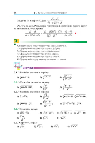 30 § 1. Функції, їхні властивості та графіки
Задача 5. Скоротіть дріб
a b
a ab b
−
− +2 4
.
Розв’язання. Розклавши чисельник і знаменник даного дробу
на множники, отримуємо:
a b
a ab b
a b a b
a b
a b
a b
−
− +
− +
−
+
−
=
( )( )
( )
=
2 4
4 4 4 4
4 4
4 4
4 42
. ◄
?1. Сформулюйте першу теорему про корінь із степеня.
2. Сформулюйте теорему про корінь з добутку.
3. Сформулюйте теорему про корінь із частки.
4. Сформулюйте теорему про степінь кореня.
5. Сформулюйте теорему про корінь з кореня.
6. Сформулюйте другу теорему про корінь із степеня.
ВпраВи
5.1.° Знайдіть значення виразу:
1) 64 1253
æ ; 2) 2 710 55
æ ; 3)
3 11
5 2
12 4
8 16
4
æ
æ
.
5.2.° Обчисліть значення виразу:
1) 0 064 3433
, ;æ 2)
7
2
5
10
5 ; 3)
2 3
5
24 16
16
8
æ
.
5.3.° Знайдіть значення виразу:
1) 2 84 4
æ ; 3)
4
128
5
5
; 5) 6 3 10 6 3 103 3
+ −æ ;
2) 0 054 43 3
, ;æ 4)
2 7
2 7
30 128
6 48
æ
æ
; 6) 3 3 27 94 3 4 3
æ æ æ − .
5.4.° Спростіть вираз:
1) 25 53 3
æ ; 3) ( ) ;8 1414
− y 5) 2 17 10 2 17 105 5
+ −æ ;
2)
80
5
4
4
; 4) y126
; 6) n3612
.
5.5.
•
Спростіть вираз:
1) a5
; 2) x34
; 3) c615
; 4) a b8 2418
.
 