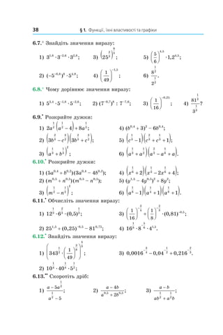 38 § 1. Функції, їхні властивості та графіки
6.7.° Знайдіть значення виразу:
1) 3 3 31 8 2 6 2 8, , ,
;æ æ−
3) 25
2
3
9
4
( ) ; 5)
5
6
4 5
4 5
1 2




,
,
, ;æ
2) ( ) ;, ,
− −
5 50 8 6 4 8
æ 4)
1
49
1 5




− ,
; 6)
8
2
1
2
1
2
.
6.8.° Чому дорівнює значення виразу:
1) 5 5 53 4 1 8 2 6, , ,
;æ æ
− −
2) (7–0,7
)8
: 7–7,6
; 3)
1
16
0 25




− ,
; 4)
81
3
1
3
1
3
?
6.9.
•
Розкрийте дужки:
1) 2 4 8
1
2
1
2
1
2
a a a−( )+ ; 4) (b0,4
+ 3)2
– 6b0,4
;
2) 3 3
2
3
3
2
2
3
3
2
b c b c−( ) +( ); 5) c c c
1
3
2
3
1
3
1 1−( ) + +( );
3) a b
1
3
1
3
2
+( ) ; 6) a a a a a
1
3
1
2
2
3
5
6
+( ) − +( ).
6.10.
•
Розкрийте дужки:
1) (5a0,4
+ b0,2
)(3a0,4
– 4b0,2
); 4) x x x
1
6
1
3
1
6
2 2 4+( ) − +( );
2) (m0,5
+ n0,5
)(m0,5
– n0,5
); 5) (y1,5
– 4y0,5
)2
+ 8y2
;
3) m n
1
2
1
2
2
−( ) ; 6) a a a
1
8
1
4
1
8
1 1 1−( ) +( ) +( ).
6.11.
•
Обчисліть значення виразу:
1) 12 6 0 5
1
3
2
3
1
3
æ æ( , ) ; 3)
1
16
1
8
3
4
2
3
0 5
0 81



 +




− −
−
æ( , ) ;,
2) 251,5
+ (0,25)–0,5
– 810,75
; 4) 16 8 4
1
8
5
6 1 5
æ æ
−
,
.
6.12.
•
Знайдіть значення виразу:
1) 343
1
2
3
8
4
3
1
49
æ









 ; 3) 0 0016 0 04 0 216
3
4
1
2
2
3
, , , .
− − −
− +
2) 10 40 5
1
4
1
4
1
2
æ æ ;
6.13.
••
Скоротіть дріб:
1)
a a
a
−
−
5
5
1
2
1
2
; 2)
a b
a b
−
+
4
20 5 0 5, ,
; 3)
a b
ab a b
−
+
1
2
1
2
;
 
