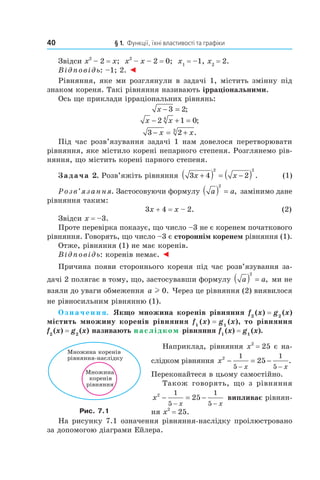 40 § 1. Функції, їхні властивості та графіки
Звідси x2
– 2 = x; x2
– x – 2 = 0; x1
= –1, x2
= 2.
Відповідь: –1; 2. ◄
Рівняння, яке ми розглянули в задачі 1, містить змінну під
знаком кореня. Такі рівняння називають ірраціональними.
Ось ще приклади ірраціональних рівнянь:
x − =3 2;
x x− + =2 1 04
;
3 23
− = +x x.
Під час розв’язування задачі 1 нам довелося перетворювати
рівняння, яке містило корені непарного степеня. Розглянемо рів­
няння, що містить корені парного степеня.
Задача 2. Розв’яжіть рівняння 3 4 2
2 2
x x+( ) = −( ) . (1)
Розв’язання. Застосовуючи формулу a a( ) =
2
, замінимо дане
рівняння таким:
3x + 4 = x – 2. (2)
Звідси x = –3.
Проте перевірка показує, що число –3 не є коренем початкового
рівняння. Говорять, що число –3 є стороннім коренем рівняння (1).
Отже, рівняння (1) не має коренів.
Відповідь: коренів немає. ◄
Причина появи стороннього кореня під час розв’язування за­
дачі 2 полягає в тому, що, застосувавши формулу a a( ) =
2
, ми не
взяли до уваги обмеження a l 0. Через це рівняння (2) виявилося
не рівносильним рівнянню (1).
Означення. Якщо множина коренів рівняння f2
(x) = g2
(x)
містить множину коренів рівняння f1
(x) = g1
(x), то рівняння
f2
(x) = g2
(x) називають наслідком рівняння f1
(x) = g1
(x).
Наприклад, рівняння x2
= 25 є на­
слідком рівняння x
x x
2 1
5
1
5
25− = −
− −
.
Переконайтеся в цьому самостійно.
Також говорять, що з рівняння
x
x x
2 1
5
1
5
25− = −
− −
випливає рівнян­
ня x2
= 25.
На рисунку 7.1 означення рівняння­наслідку проілюстровано
за допомогою діаграми Ейлера.
Ìíîæèíà
êîðåí³â
ð³âíÿííÿ
Ìíîæèíà êîðåí³â
ð³âíÿííÿ-íàñë³äêó
Рис. 7.1
 