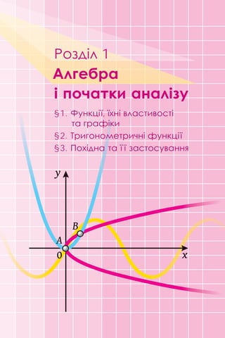 xx
yy
000000
AAAAAA
BBBB
§1. Функції, їхні властивості
та графіки
§2. Тригонометричні функції
§3. Похідна та ї ї застосування
Розділ 1
Алгебра
і початки аналізу
 