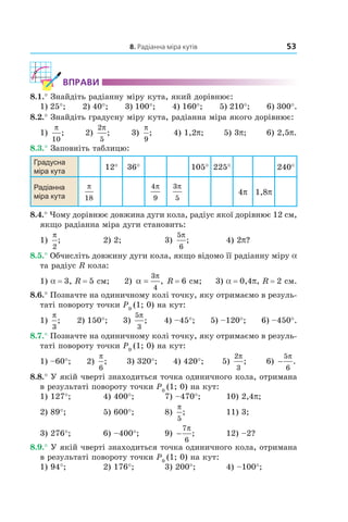 8. Радіанна міра кутів 53
ВпраВи
8.1.° Знайдіть радіанну міру кута, який дорівнює:
1) 25°; 2) 40°; 3) 100°; 4) 160°; 5) 210°; 6) 300°.
8.2.° Знайдіть градусну міру кута, радіанна міра якого дорівнює:
1)
π
10
; 2)
2
5
π
; 3)
π
9
; 4) 1,2p; 5) 3p; 6) 2,5p.
8.3.° Заповніть таблицю:
Градусна 
міра кута
12° 36° 105° 225° 240°
Радіанна 
міра кута
π
18
4
9
π 3
5
π
4p 1,8p
8.4.° Чому дорівнює довжина дуги кола, радіус якої дорівнює 12 см,
якщо радіанна міра дуги становить:
1)
π
2
; 2) 2; 3)
5
6
π
; 4) 2p?
8.5.° Обчисліть довжину дуги кола, якщо відомо її радіанну міру a
та радіус R кола:
1) a = 3, R = 5 см; 2) α
π
=
3
4
, R = 6 см; 3) a = 0,4p, R = 2 см.
8.6.° Позначте на одиничному колі точку, яку отримаємо в резуль­
таті повороту точки P0
(1; 0) на кут:
1)
π
3
; 2) 150°; 3)
5
3
π
; 4) –45°; 5) –120°; 6) –450°.
8.7.° Позначте на одиничному колі точку, яку отримаємо в резуль­
таті повороту точки P0
(1; 0) на кут:
1) –60°; 2)
π
6
; 3) 320°; 4) 420°; 5)
2
3
π
; 6) −
5
6
π
.
8.8.° У якій чверті знаходиться точка одиничного кола, отримана
в результаті повороту точки P0
(1; 0) на кут:
1) 127°; 4) 400°; 7) –470°; 10) 2,4p;
2) 89°; 5) 600°; 8)
π
5
; 11) 3;
3) 276°; 6) –400°; 9) −
7
6
π
; 12) –2?
8.9.° У якій чверті знаходиться точка одиничного кола, отримана
в результаті повороту точки P0
(1; 0) на кут:
1) 94°; 2) 176°; 3) 200°; 4) –100°;
 
