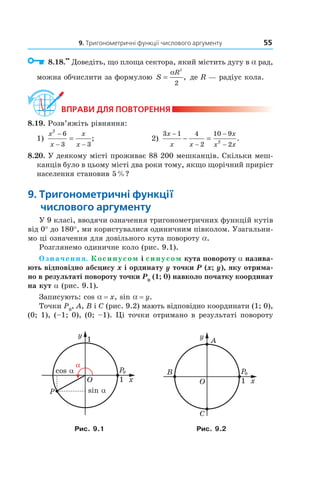 9. Тригонометричні функції числового аргументу 55
8.18.
••
Доведіть, що площа сектора, який містить дугу в a рад,
можна обчислити за формулою S
R
=
α
2
2
, де R — радіус кола.
ВпраВи дЛя поВторення
8.19. Розв’яжіть рівняння:
1)
x
x
x
x
2
6
3 3
−
− −
= ; 2)
3 1 4
2
10 9
22
x
x x
x
x x
−
−
−
−
− = .
8.20. У деякому місті проживає 88 200 мешканців. Скільки меш­
канців було в цьому місті два роки тому, якщо щорічний приріст
населення становив 5%?
9. тригонометричні функції
числового аргументу
У 9 класі, вводячи означення тригонометричних функцій кутів
від 0° до 180°, ми користувалися одиничним півколом. Узагальни­
мо ці означення для довільного кута повороту a.
Розглянемо одиничне коло (рис. 9.1).
Означення. Косинусом і синусом кута повороту a назива-
ють відповідно абсцису x і ординату y точки P (x; y), яку отрима-
но в результаті повороту точки P0
(1; 0) навколо початку координат
на кут a (рис. 9.1).
Записують: cos a = x, sin a = y.
Точки P0
, A, B і C (рис. 9.2) мають відповідно координати (1; 0),
(0; 1), (–1; 0), (0; –1). Ці точки отримано в результаті повороту
cos α
sin α
y
x1
C
B
O
P0
A
Рис. 9.1 Рис. 9.2
 