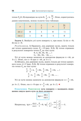 56 § 2. Тригонометричні функції
точки P0
(1; 0) відповідно на кути 0,
π
2
, p,
3
2
π
. Отже, користуючись
даним означенням, можна скласти таку таблицю:
x 0
π
2
p
3
2
π
sin x 0 1 0 –1
cos x 1 0 –1 0
Задача 1. Знайдіть усі кути повороту a, при яких: 1) sin a = 0;
2) cos a = 0.
Розв’язання. 1) Ординату, яка дорівнює нулю, мають тільки
дві точки одиничного кола: P0
і B (рис. 9.2). Ці точки отримано
в результаті поворотів точки P0
на такі кути:
0, p, 2p, 3p, 4p, … і
–p, –2p,–3p, –4p, … .
Усі ці кути можна записати за допомогою формули a = pk, де
k ∈». Отже, sin a = 0 при a = pk, де k ∈».
2) Абсцису, яка дорівнює нулю, мають тільки дві точки одинич­
ного кола: A і C (рис. 9.2). Ці точки отримано в результаті поворо­
тів точки P0
на такі кути:
π
2
,
π
π
2
+ ,
π
π
2
2+ ,
π
π
2
3+ ,
π
π
2
4+ , … і
π
π
2
− ,
π
π
2
2− ,
π
π
2
3− ,
π
π
2
4− , … .
Усі ці кути можна записати за допомогою формули α π
π
= +
2
k,
де k ∈». Отже, cos a = 0 при α π
π
= +
2
k, де k ∈».◄
Означення. Тангенсом кута повороту a називають відно-
шення синуса цього кута до його косинуса:
tg
sin
cos
α
α
α
=
Наприклад, tg ,
sin
cos
π
π
π
= = =
0
1
0 tg −



 =








= −
−
−
π
π
4
4
4
1
sin
cos
.
π
 