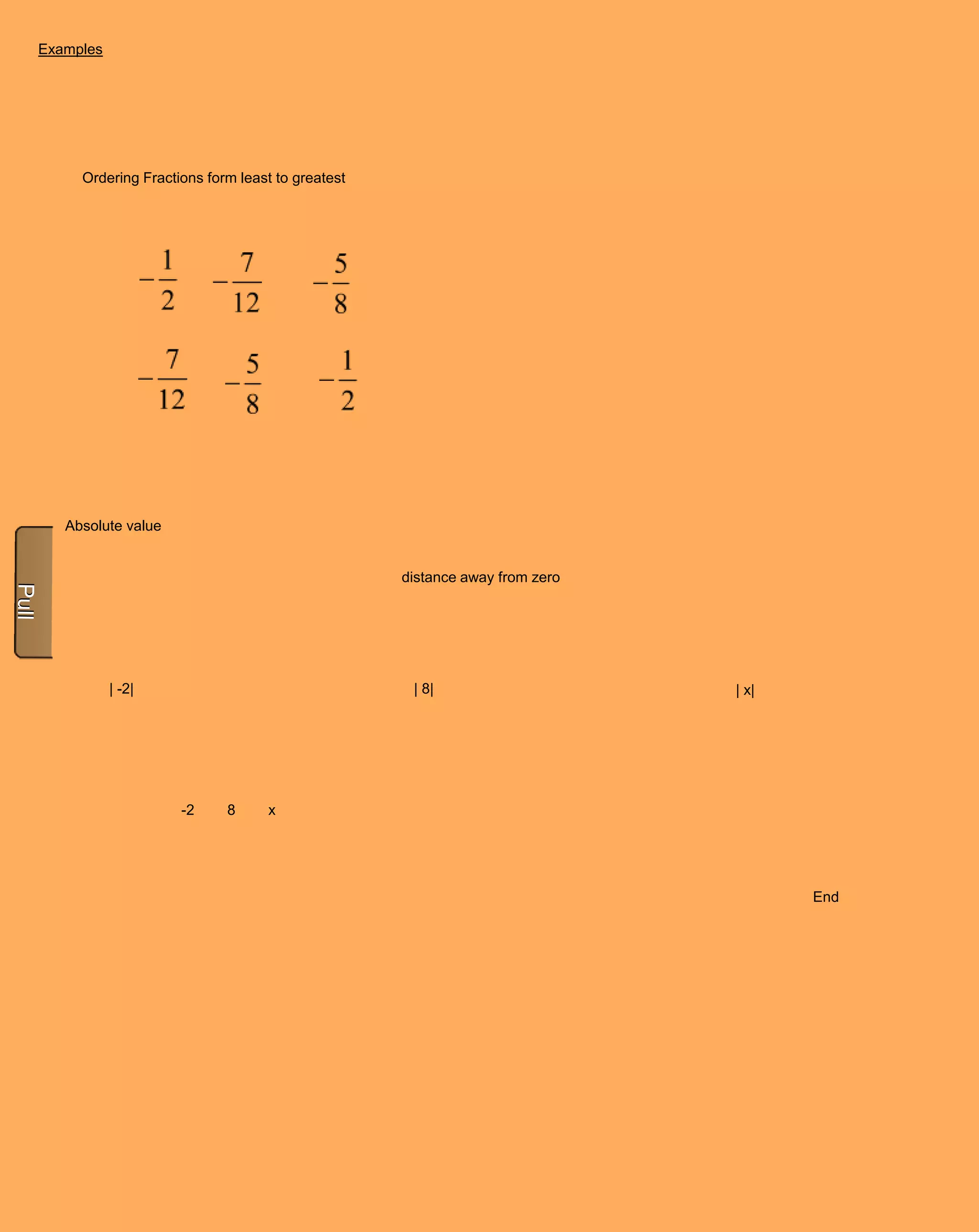 Examples




     Ordering Fractions form least to greatest




   Absolute value


                                                 distance away from zero




           | -2|                                  | 8|                     | x|




                    -2     8     x




                                                                                  End
 