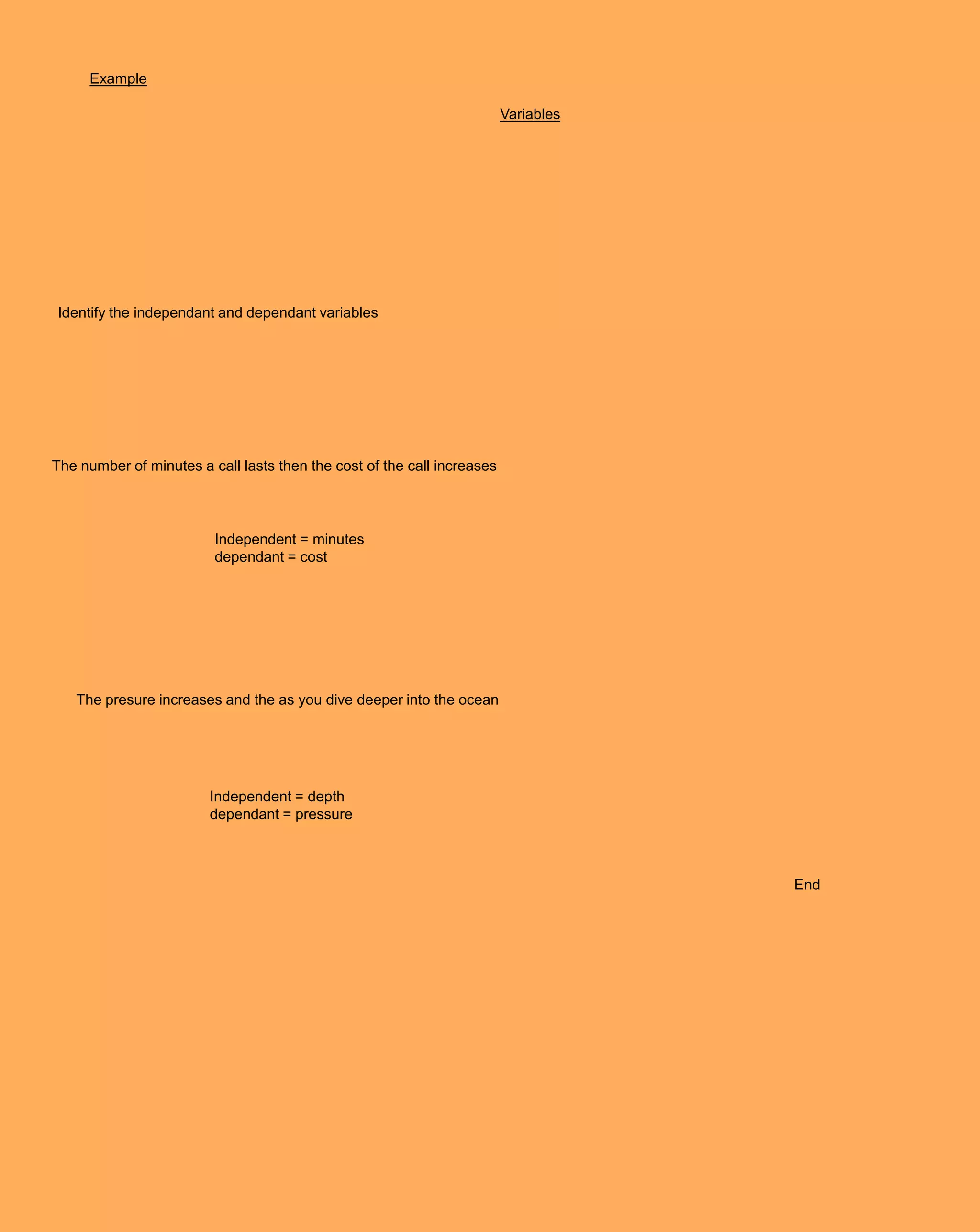 Example

                                                                         Variables




Identify the independant and dependant variables




The number of minutes a call lasts then the cost of the call increases




                         Independent = minutes
                         dependant = cost




   The presure increases and the as you dive deeper into the ocean




                        Independent = depth
                        dependant = pressure



                                                                                     End
 