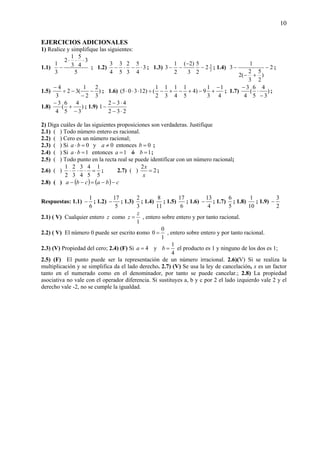 10
EJERCICIOS ADICIONALES
1) Realice y simplifique las siguientes:
1.1)
5
3
4
5
3
1
2
3
1
⋅⋅⋅
− ; 1.2) 3
4
5
3
2
5
3
4
3
⋅−⋅− ; 1.3) 2
3
2
2
5
3
)2(
2
1
3 −
−
−− ; 1.4) 2
)
2
5
3
2
(2
1
3 −
+−
− ;
1.5) )
3
2
2
1
(32
3
4
−
−
−÷
−
; 1.6)
4
1
3
1
9)4
5
1
4
1
3
1
2
1
()12305(
−
+−+−+−÷⋅⋅⋅ ; 1.7) )
3
4
5
6
(
4
3
−
⋅
−
;
1.8) )
3
4
5
6
(
4
3
−
+
−
; 1.9)
232
432
1
⋅−
⋅−
−
2) Diga cuáles de las siguientes proposiciones son verdaderas. Justifique
2.1) ( ) Todo número entero es racional.
2.2) ( ) Cero es un número racional;
2.3) ( ) Si 0=⋅ba y 0≠a entonces 0=b ;
2.4) ( ) Si 1=⋅ba entonces 1=a ó 1=b ;
2.5) ( ) Todo punto en la recta real se puede identificar con un número racional;
2.6) ( )
5
1
5
4
4
3
3
2
2
1
=⋅⋅⋅ ; 2.7) ( ) 2
2
=
x
x
;
2.8) ( ) ( ) ( ) cbacba −−=−−
Respuestas: 1.1)
6
1
− ; 1.2)
5
17
− ; 1.3)
3
2
; 1.4)
11
8
; 1.5)
6
17
; 1.6)
4
13
− ; 1.7)
5
6
; 1.8)
10
1
; 1.9)
2
3
−
2.1) ( V) Cualquier entero z como
1
z
z = , entero sobre entero y por tanto racional.
2.2) ( V) El número 0 puede ser escrito como
1
0
0 = , entero sobre entero y por tanto racional.
2.3) (V) Propiedad del cero; 2.4) (F) Si 4=a y
4
1
=b el producto es 1 y ninguno de los dos es 1;
2.5) (F) El punto puede ser la representación de un número irracional. 2.6)(V) Si se realiza la
multiplicación y se simplifica da el lado derecho. 2.7) (V) Se usa la ley de cancelación, x es un factor
tanto en el numerado como en el denominador, por tanto se puede cancelar.; 2.8) La propiedad
asociativa no vale con el operador diferencia. Si sustituyes a, b y c por 2 el lado izquierdo vale 2 y el
derecho vale -2, no se cumple la igualdad.
 