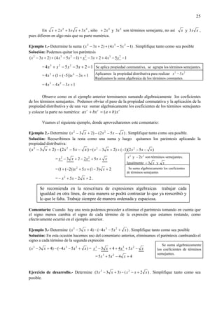 25
En 22
332 xxxxx +++ , sólo 2
2x+ y 2
3x son términos semejante, no así x y xx3 ,
pues difieren en algo más que su parte numérica.
Ejemplo 1.- Determine la suma )154()23( 232
−−++− xxxx . Simplifique tanto como sea posible
Solución: Podemos quitar los paréntesis
)154()23( 232
−−++− xxxx = 15423 232
−−++− xxxx
= 12354 223
−+−−+ xxxx
= 13))5(1(4 23
+−−++ xxx
= 1344 23
+−− xxx
Observe como en el ejemplo anterior terminamos sumando algebraicamente los coeficientes
de los términos semejantes. Podemos obviar el paso de la propiedad conmutativa y la aplicación de la
propiedad distributiva y de una vez sumar algebraicamente los coeficientes de los términos semejantes
y colocar la parte no numérica: rrr
xbabxax )( +=+
Veamos el siguiente ejemplo, donde aprovecharemos este comentario:
Ejemplo 2.- Determine )52()23( 22
xxxxx −−−+− . Simplifique tanto como sea posible.
Solución: Reescribimos la resta como una suma y luego quitamos los paréntesis aplicando la
propiedad distributiva:
)52()23( 22
xxxxx −−−+− = )52)(1()23( 22
xxxxx −−−++−
= xxxxx ++−+− 5223 22
= 2)31(5))2(1( 2
+−++−+ xxx
= 2252
+−+− xxx .
Comentario: Cuando hay una resta podemos proceder a eliminar el paréntesis tomando en cuenta que
el signo menos cambia el signo de cada término de la expresión que estamos restando, como
efectivamente ocurrió en el ejemplo anterior.
Ejemplo 3.- Determine )54()43( 233
xxxxx +−−−+− . Simplifique tanto como sea posible
Solución: En esta ocasión hacemos uso del comentario anterior, eliminamos el paréntesis cambiando el
signo a cada término de la segunda expresión
)54()43( 233
xxxxx +−−−+− = xxxxx −+++− 233
5443
= 4455 23
+−+ xxx
Ejercicio de desarrollo.- Determine )2()333( 22
xxxxx +−−+− . Simplifique tanto como sea
posible.
Se aplica propiedad conmutativa, se agrupa los términos semejantes.
Aplicamos la propiedad distributiva para realizar 22
5xx −
Realizamos la suma algebraica de los términos constantes.
2
x y 2
2x− son términos semejantes.
Igualmente x3− y x
Se suma algebraicamente los coeficientes
de términos semejantes
Se suma algebraicamente
los coeficientes de términos
semejantes.
Se recomienda en la reescritura de expresiones algebraicas trabajar cada
igualdad en otra línea, de esta manera se podrá contrastar lo que ya reescribió y
lo que le falta. Trabaje siempre de manera ordenada y espaciosa.
 