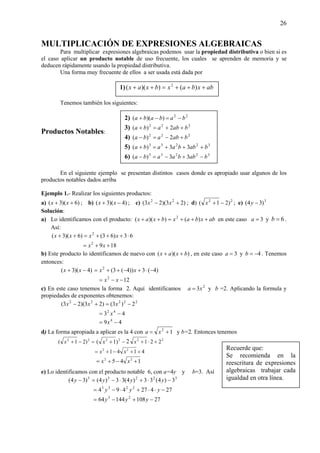 26
MULTIPLICACIÓN DE EXPRESIONES ALGEBRAICAS
Para multiplicar expresiones algebraicas podemos usar la propiedad distributiva o bien si es
el caso aplicar un producto notable de uso frecuente, los cuales se aprenden de memoria y se
deducen rápidamente usando la propiedad distributiva.
Una forma muy frecuente de ellos a ser usada está dada por
Tenemos también los siguientes:
Productos Notables:
En el siguiente ejemplo se presentan distintos casos donde es apropiado usar algunos de los
productos notables dados arriba
Ejemplo 1.- Realizar los siguientes productos:
a) )6)(3( ++ xx ; b) )4)(3( −+ xx ; c) )23)(23( 22
+− xx ; d) 22
)21( −+x ; e) 3
)34( −y
Solución:
a) Lo identificamos con el producto: abxbaxbxax +++=++ )())(( 2
en este caso 3=a y 6=b .
Así:
63)63()6)(3( 2
⋅+++=++ xxxx
1892
++= xx
b) Este producto lo identificamos de nuevo con ))(( bxax ++ , en este caso 3=a y 4−=b . Tenemos
entonces:
)4)(3( −+ xx )4(3))4(3(2
−⋅+−++= xx
122
−−= xx
c) En este caso tenemos la forma 2. Aquí identificamos 2
3xa = y b =2. Aplicando la formula y
propiedades de exponentes obtenemos:
22222
2)3()23)(23( −=+− xxx
43 42
−= x
49 4
−= x
d) La forma apropiada a aplicar es la 4 con 12
+= xa y b=2. Entonces tenemos
=−+ 22
)21( x −+ 22
)1( x 2 22
221 +⋅+x
4141 22
++−+= xx
145 22
+−+= xx
e) Lo identificamos con el producto notable 6, con a=4y y b=3. Así
32233
3)4(33)4(33)4()34( −⋅+⋅−=− yyyy
27427494 2233
−⋅⋅+⋅−= yyy
2710814464 23
−+−= yyy
2) 22
))(( bababa −=−+
3) 222
2)( bababa ++=+
4) 222
2)( bababa +−=−
5) 32233
33)( babbaaba +++=+
6) 32233
33)( babbaaba −+−=−
1) abxbaxbxax +++=++ )())(( 2
Recuerde que:
Se recomienda en la
reescritura de expresiones
algebraicas trabajar cada
igualdad en otra línea.
 