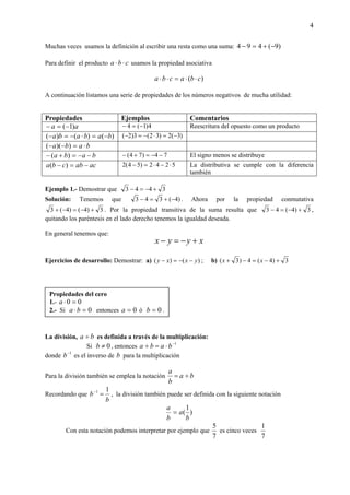 4
Muchas veces usamos la definición al escribir una resta como una suma: )9(494 −+=−
Para definir el producto cba ⋅⋅ usamos la propiedad asociativa
)( cbacba ⋅⋅=⋅⋅
A continuación listamos una serie de propiedades de los números negativos de mucha utilidad:
Propiedades Ejemplos Comentarios
aa )1(−=− 4)1(4 −=− Reescritura del opuesto como un producto
)()()( bababa −=⋅−=− )3(2)32(3)2( −=⋅−=−
baba ⋅=−− ))((
baba −−=+− )( 74)74( −−=+− El signo menos se distribuye
acabcba −=− )( 5242)54(2 ⋅−⋅=− La distributiva se cumple con la diferencia
también
Ejemplo 1.- Demostrar que 3443 +−=−
Solución: Tenemos que )4(343 −+=− . Ahora por la propiedad conmutativa
3)4()4(3 +−=−+ . Por la propiedad transitiva de la suma resulta que 3)4(43 +−=− ,
quitando los paréntesis en el lado derecho tenemos la igualdad deseada.
En general tenemos que:
xyyx +−=−
Ejercicios de desarrollo: Demostrar: a) )()( yxxy −−=− ; b) 3)4(4)3( +−=−+ xx
La división, ba ÷ es definida a través de la multiplicación:
Si 0≠b , entonces 1−
⋅=÷ baba
donde 1−
b es el inverso de b para la multiplicación
Para la división también se emplea la notación ba
b
a
÷=
Recordando que
b
b
11
=−
, la división también puede ser definida con la siguiente notación
)
1
(
b
a
b
a
=
Con esta notación podemos interpretar por ejemplo que
7
5
es cinco veces
7
1
Propiedades del cero
1.- 00 =⋅a
2.- Si 0=⋅ba entonces 0=a ó 0=b .
 