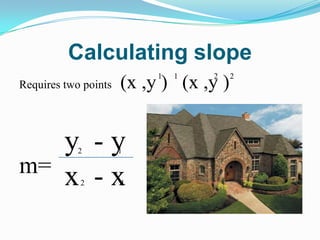 Calculating slopeRequires two points   (x ,y )   (x ,y )m=2211y  - y  x  - x 2121