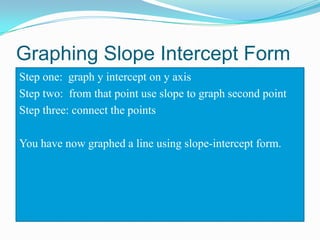 Graphing Slope Intercept FormStep one:  graph y intercept on y axisStep two:  from that point use slope to graph second pointStep three: connect the pointsYou have now graphed a line using slope-intercept form.