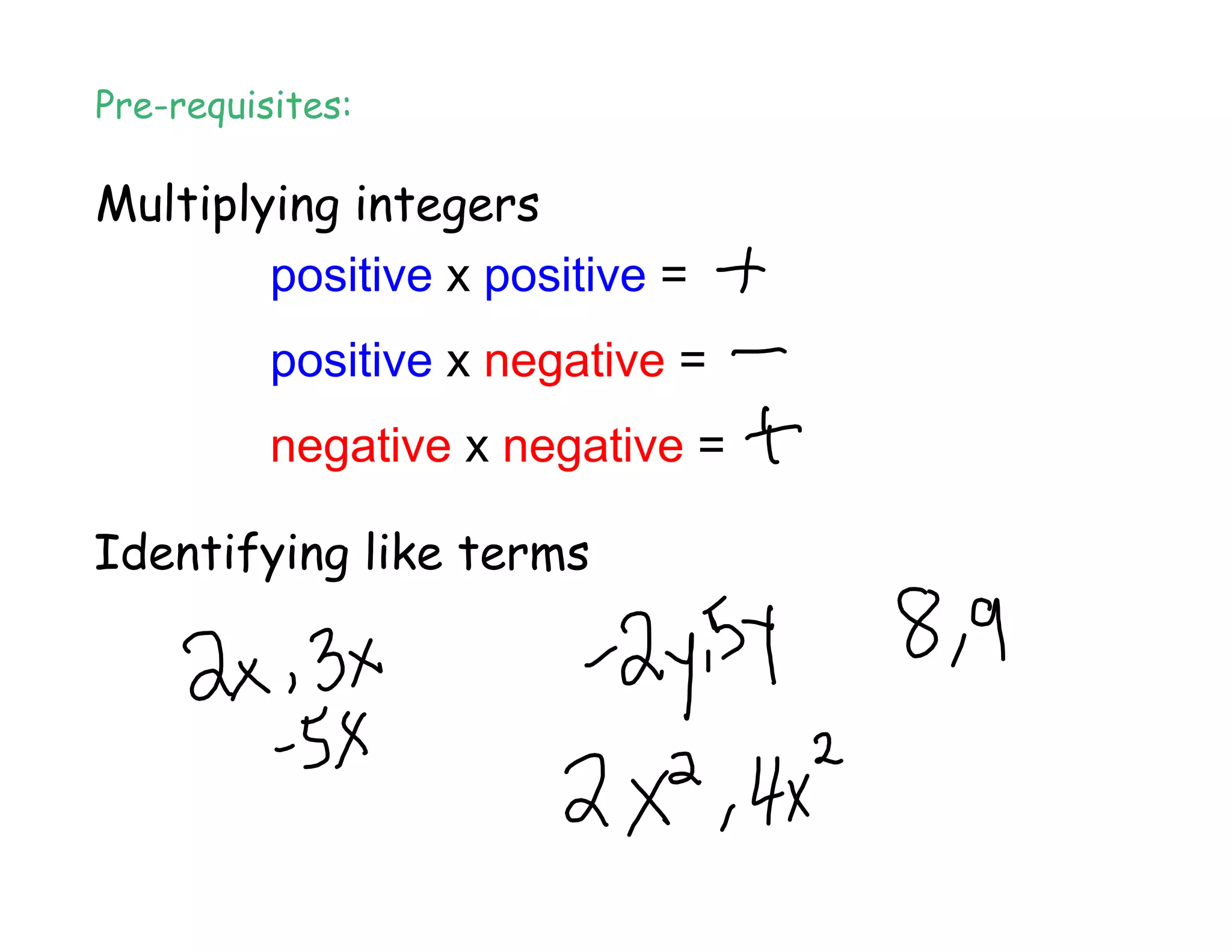 Pre-requisites:
Multiplying integers
positive x positive =
positive x negative =
negative x negative =
Identifying like terms