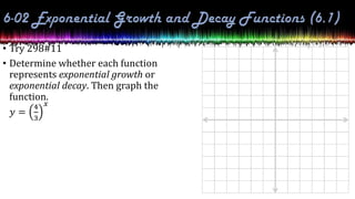 • Try 298#11
• Determine whether each function
represents exponential growth or
exponential decay. Then graph the
function.
𝑦 =
4
3
𝑥
 