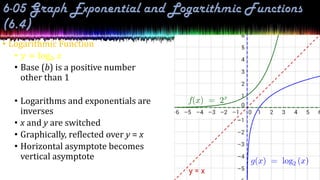 • Logarithmic Function
• 𝑦 = log𝑏 𝑥
• Base (b) is a positive number
other than 1
• Logarithms and exponentials are
inverses
• x and y are switched
• Graphically, reflected over y = x
• Horizontal asymptote becomes
vertical asymptote
 