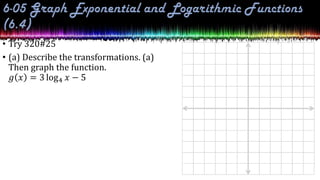 • Try 320#25
• (a) Describe the transformations. (a)
Then graph the function.
𝑔 𝑥 = 3 log4 𝑥 − 5
 