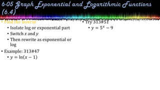 • Find the inverse
• Isolate log or exponential part
• Switch x and y
• Then rewrite as exponential or
log
• Example: 313#47
• 𝑦 = ln 𝑥 − 1
• Try 313#51
• 𝑦 = 5𝑥 − 9
 