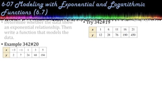 • Determine whether the data show
an exponential relationship. Then
write a function that models the
data.
• Example 342#20
• Try 342#19
 