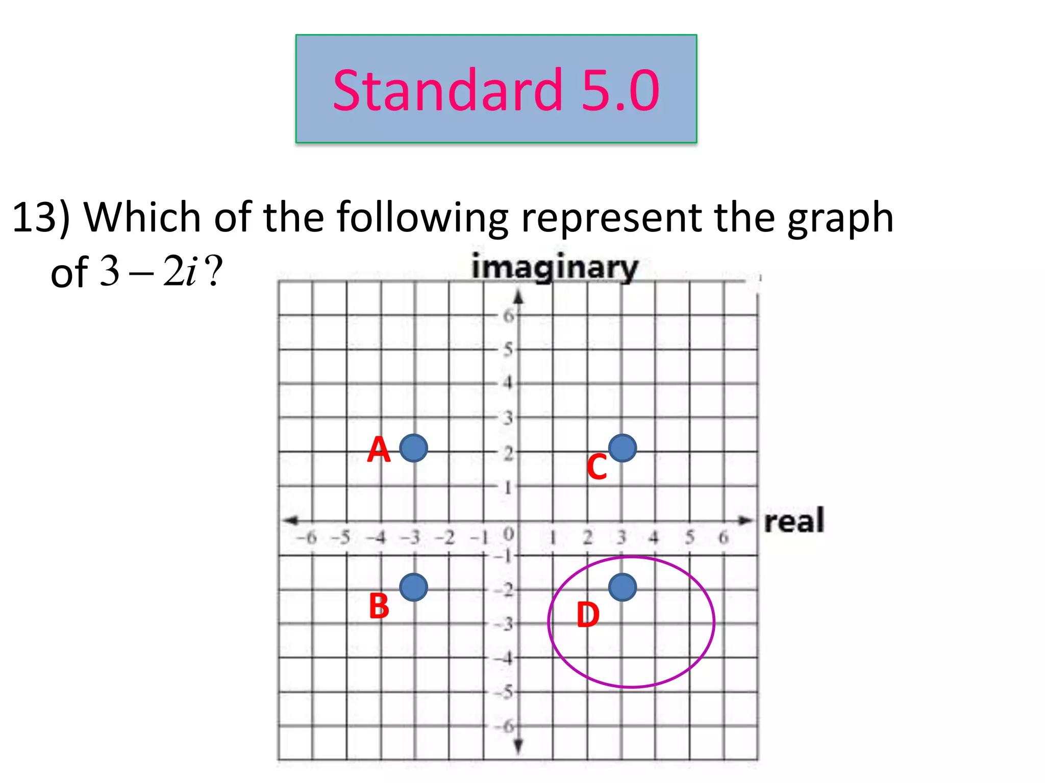 Standard 5.0
13) Which of the following represent the graph
  of 3 2i ?


                  A          C


                  B          D
 