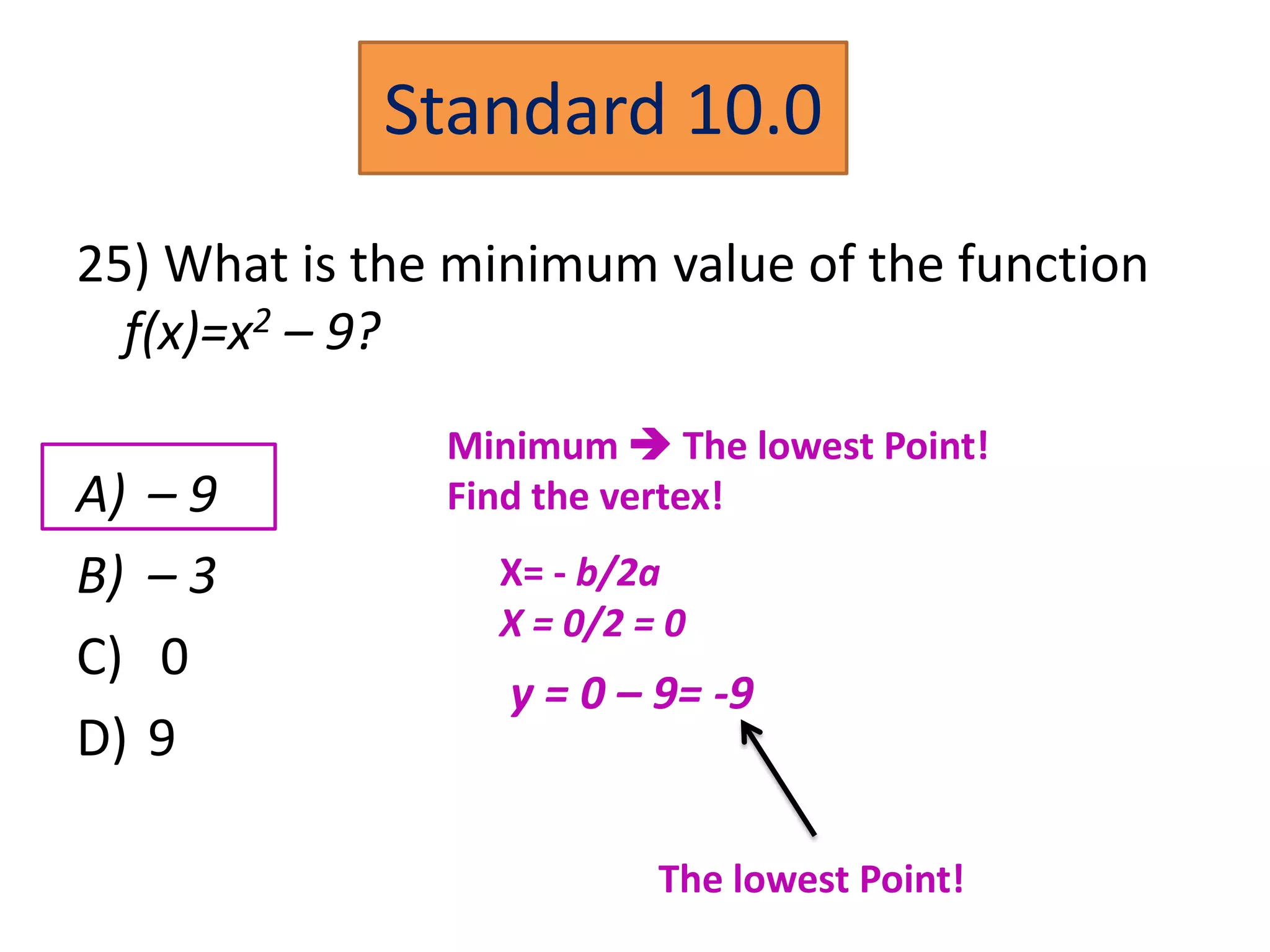 Standard 10.0
25) What is the minimum value of the function
  f(x)=x2 – 9?
               Minimum  The lowest Point!
A)   –9        Find the vertex!
B)   –3          X= - b/2a
                 X = 0/2 = 0
C)   0
                  y = 0 – 9= -9
D)   9

                          The lowest Point!
 