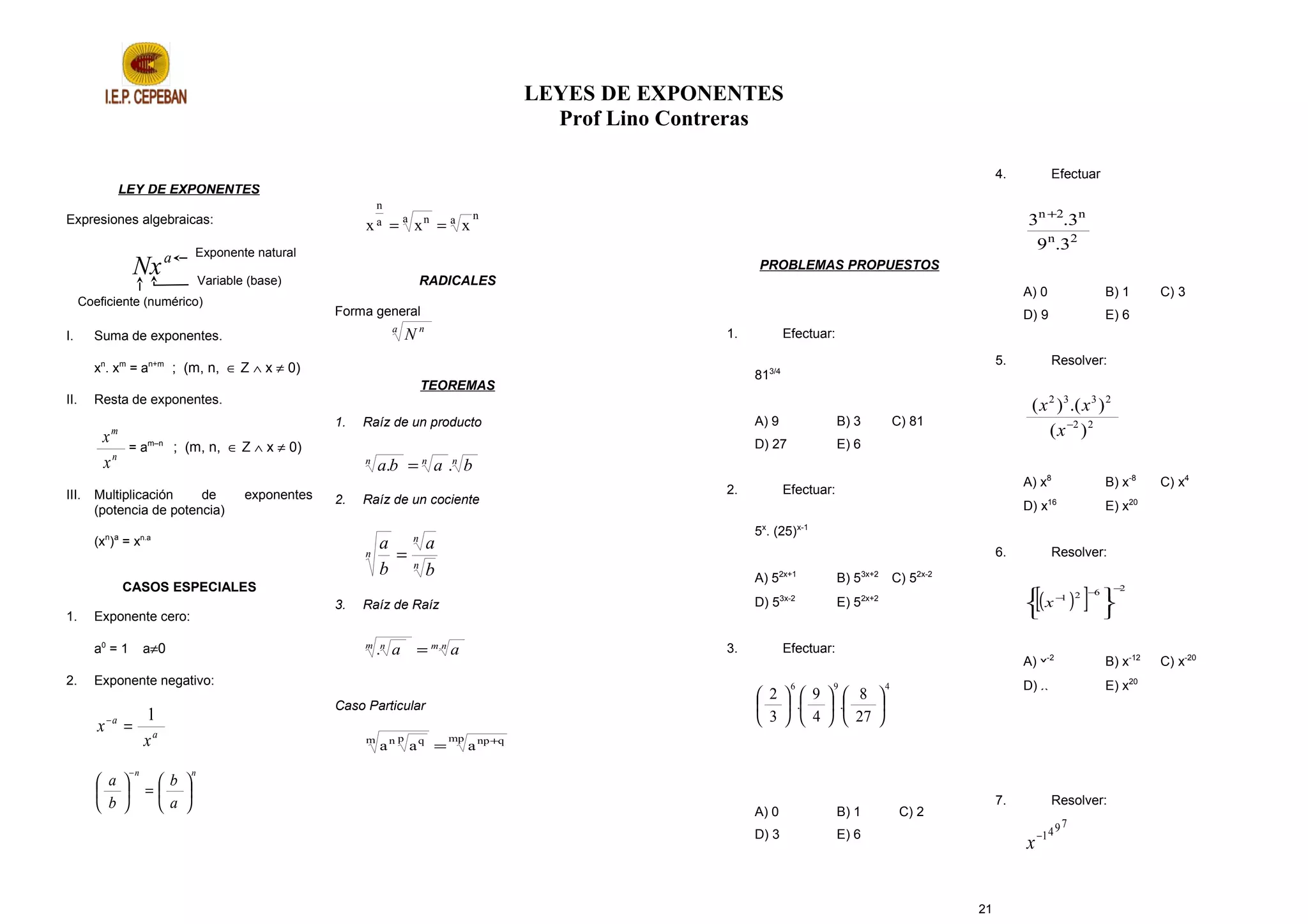 Algebra 2do teoría de exponentes | DOC