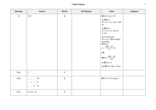 Guidance
Notes
AO Element
Marks
Answer
Question
B3 for 14x = 315
4
22.5
13
or M2 for
45 + 3x + 5x + 6x = 360
oe
or M1 for
45 + 3x + 5x + 6x oe
or 14x
If 0 scored and
45 + bx = 360 or better
seen then
SC1 for
oe
OR
B3 for
or B1 for 14
and B1 for 360 − 45 oe
1
3
14(a)
B1 for 3 or 4 correct
2
_ _ _ 10
14(b)
_ 1 _ 6
_ _ 9 16
1
[t =] n 2
oe
14(c)
/
- Mark Scheme
 