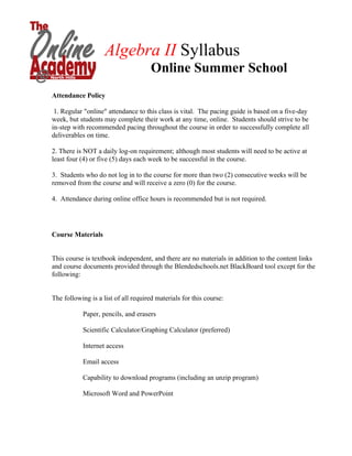 Algebra 2 Summer Syllabus