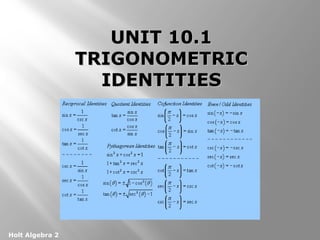 Holt Algebra 2
UNIT 10.1UNIT 10.1
TRIGONOMETRICTRIGONOMETRIC
IDENTITIESIDENTITIES
 