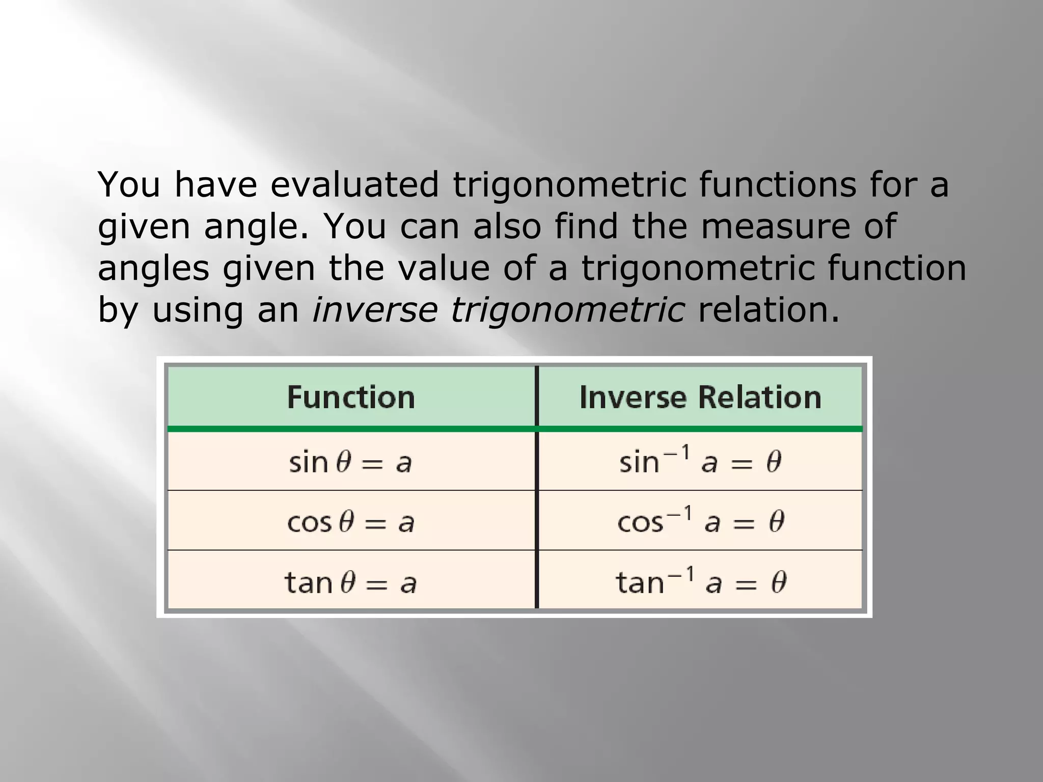 You have evaluated trigonometric functions for a
given angle. You can also find the measure of
angles given the value of a trigonometric function
by using an inverse trigonometric relation.
 