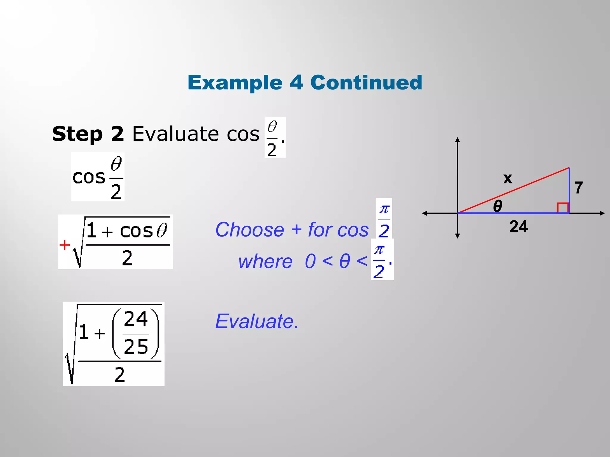 Example 4 Continued
x
7
24
θ
Step 2 Evaluate cos
Evaluate.
Choose + for cos
where 0 < θ <
 