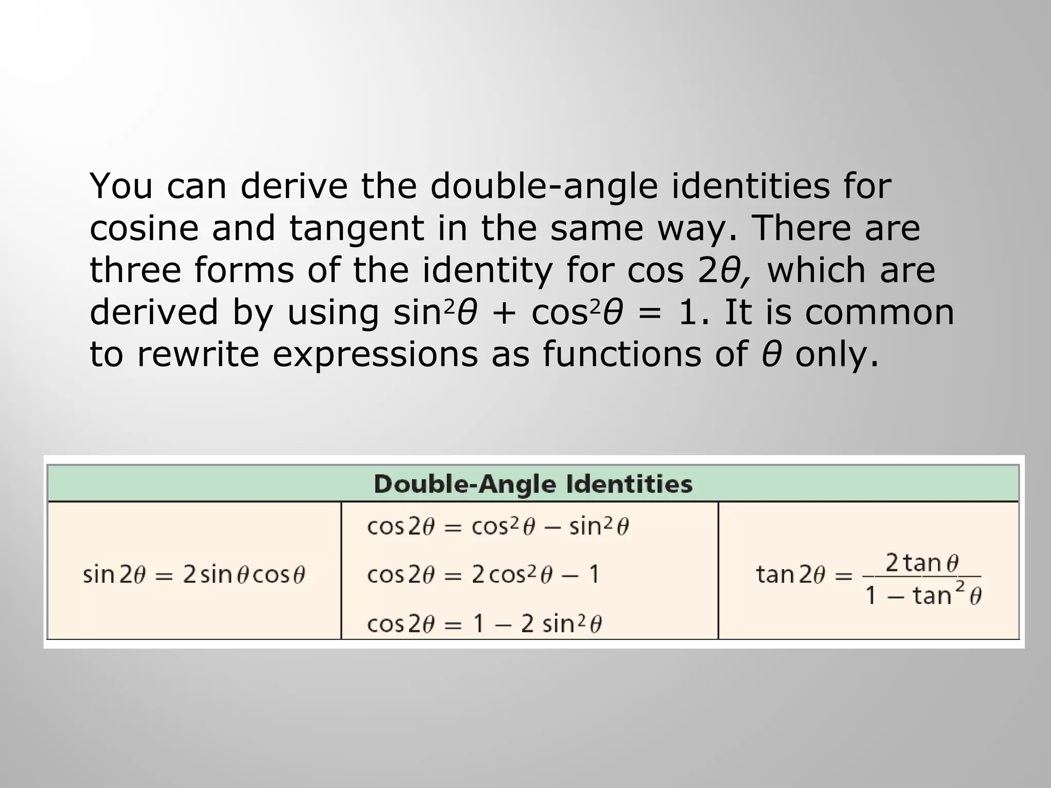 You can derive the double-angle identities for
cosine and tangent in the same way. There are
three forms of the identity for cos 2θ, which are
derived by using sin2
θ + cos2
θ = 1. It is common
to rewrite expressions as functions of θ only.
 
