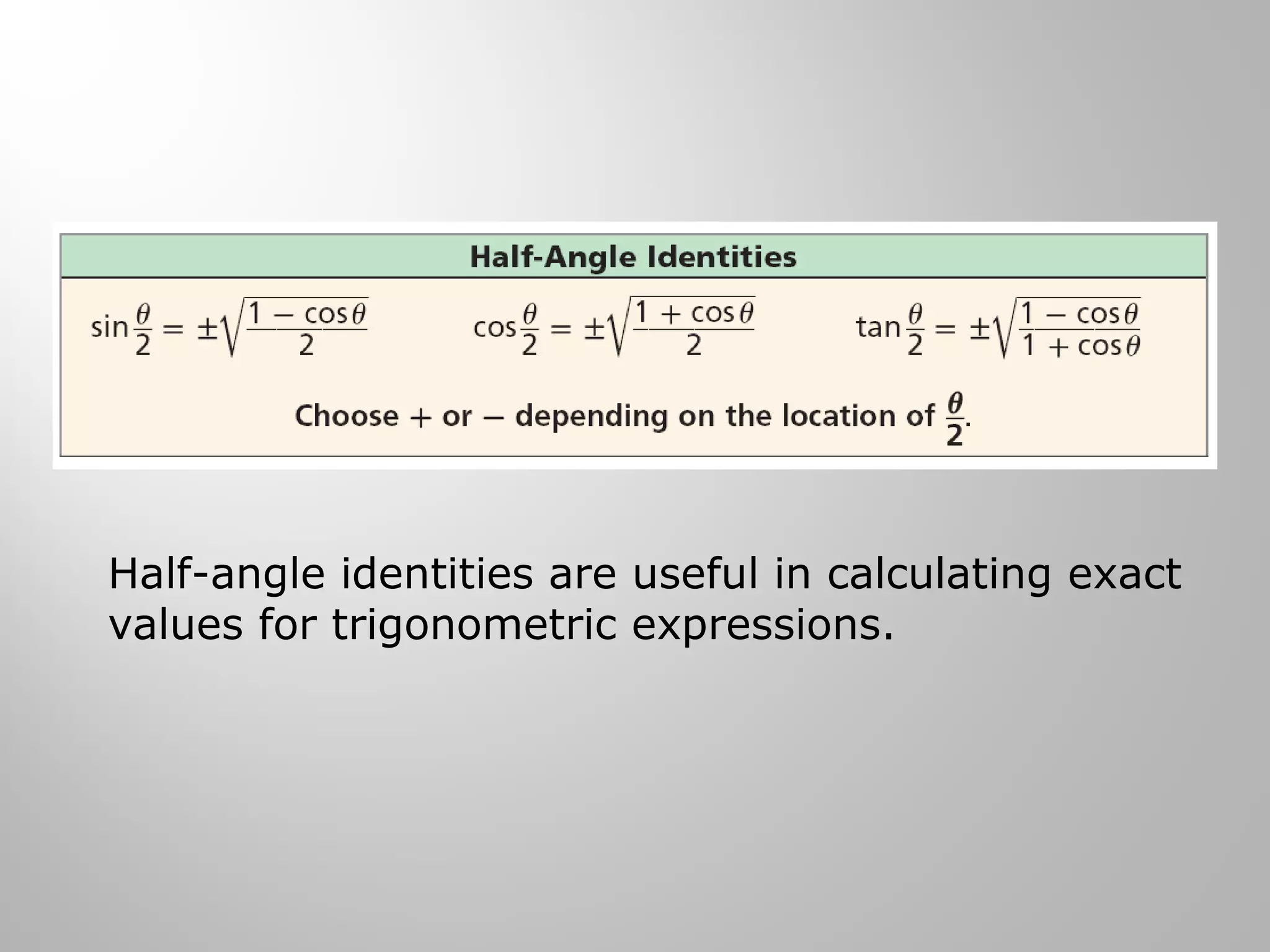 Half-angle identities are useful in calculating exact
values for trigonometric expressions.
 