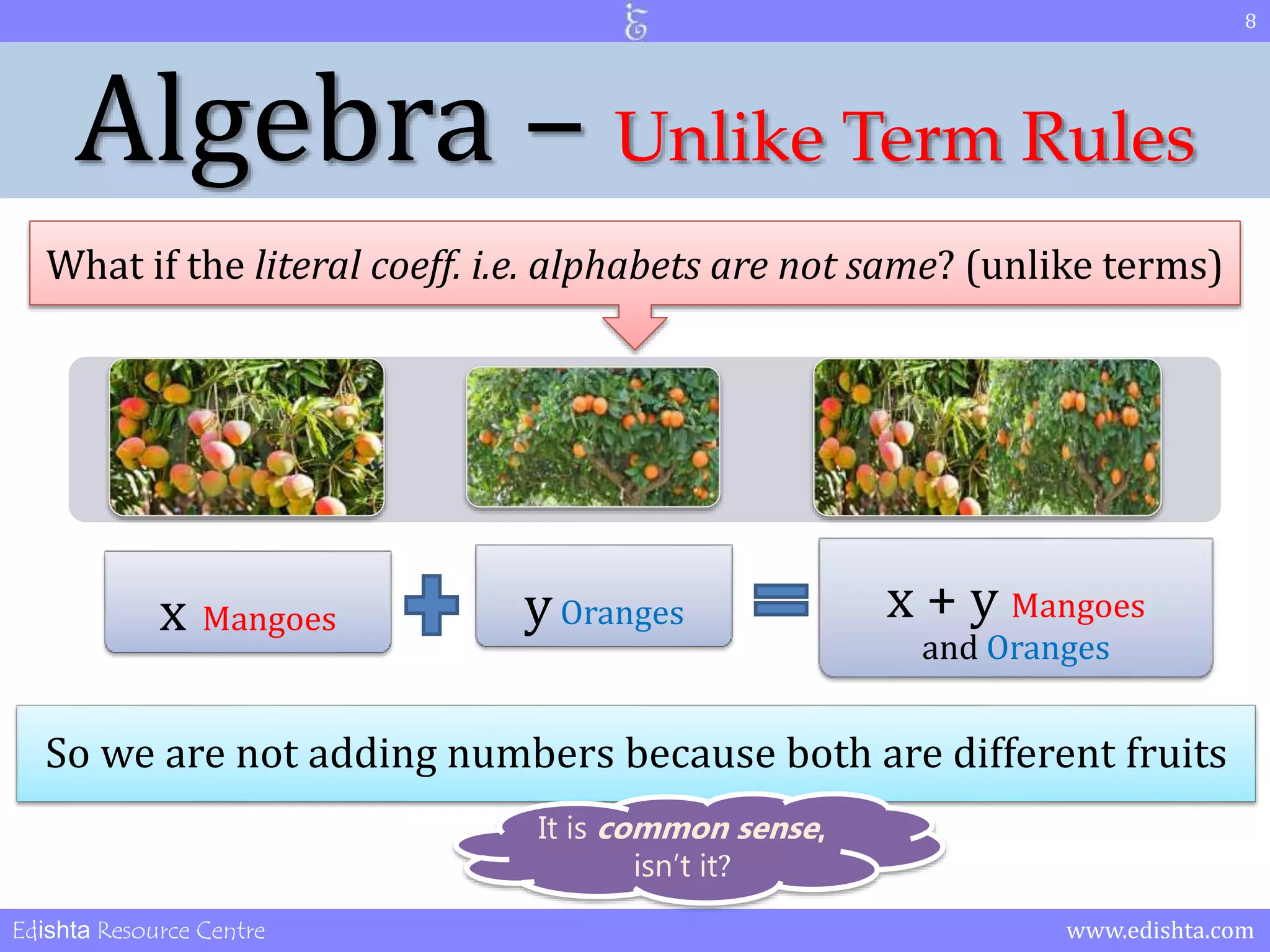 8 
Algebra – Unlike Term Rules 
What if the literal coeff. i.e. alphabets are not same? (unlike terms) 
x Mangoes y Oranges x + y Mangoes 
and Oranges 
So we are not adding numbers because both are different fruits 
It is common sense, 
isn’t it? 
Edishta Resource Centre www.edishta.com 
 