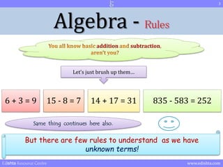 3 
Algebra - Rules 
addition subtraction 
Let’s just brush up them… 
6 + 3 = 9 15 - 8 = 7 14 + 17 = 31 835 - 583 = 252 
Same thing continues here also. 
But there are few rules to understand as we have 
unknown terms! 
Edishta Resource Centre www.edishta.com 
 