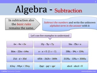 6 
Algebra - Subtraction 
In subtraction also 
the basic rules 
remains the same. 
Subtract the numbers and write the unknown 
alphabet term in the answer with it 
Let’s see few examples to understand 
6x - 4x = 2x 12y - 5y = 7y 16a - 15a = a 
86m - 22m = 64m x - x = 0 (0 x = 0) 198c - 94c = 104c 
21d - d = 20d 651k - 262k = 389k 2135u - 135u = 2000u 
63xy - 44yx = 19xy 2pqr - pqr = qpr abcd - abcd = 0 
Edishta Resource Centre www.edishta.com 
 