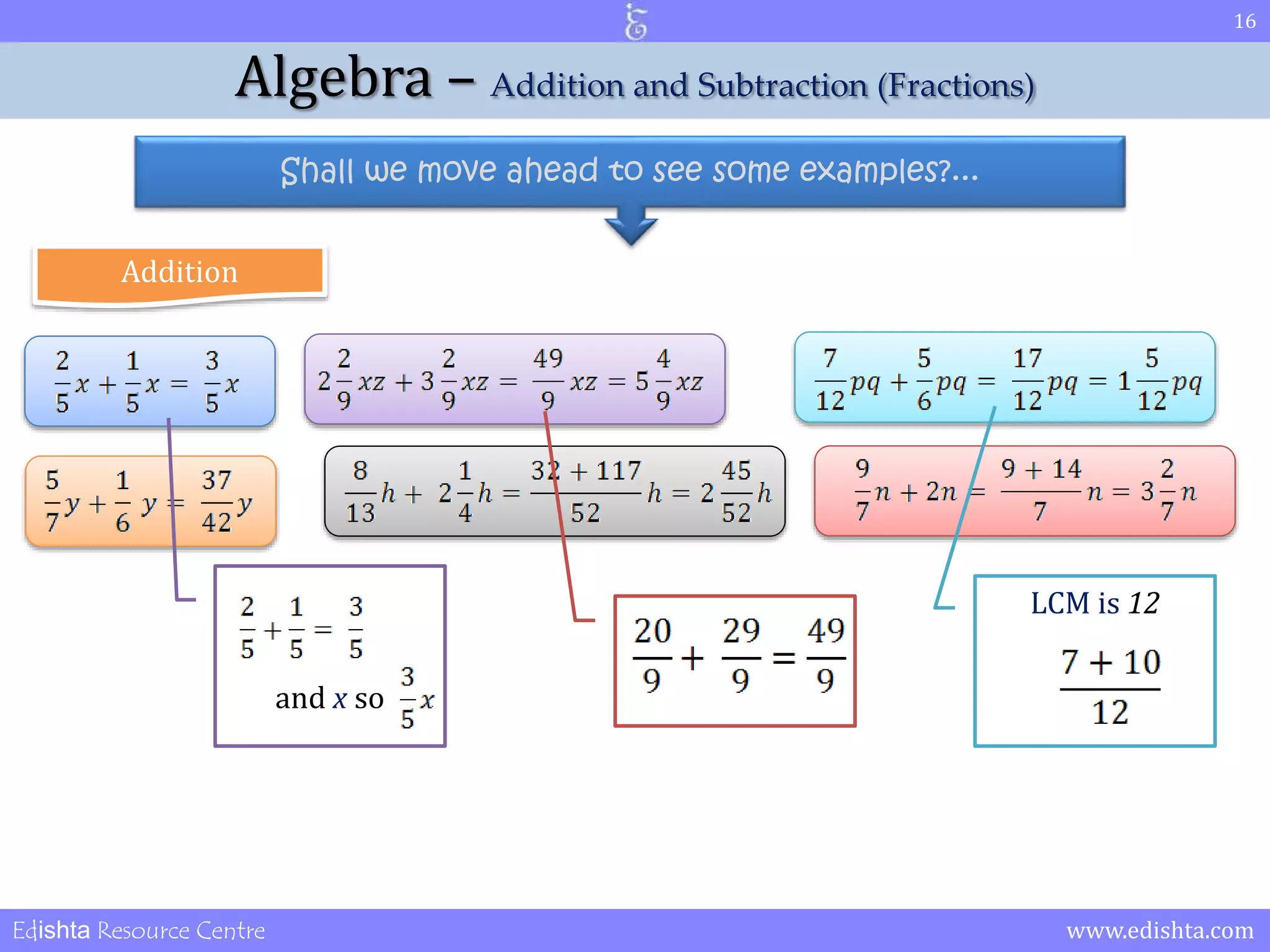 16 
Algebra – Addition and Subtraction (Fractions) 
Shall we move ahead to see some examples?... 
Addition 
LCM is 12 
and x so 
Edishta Resource Centre www.edishta.com 
 
