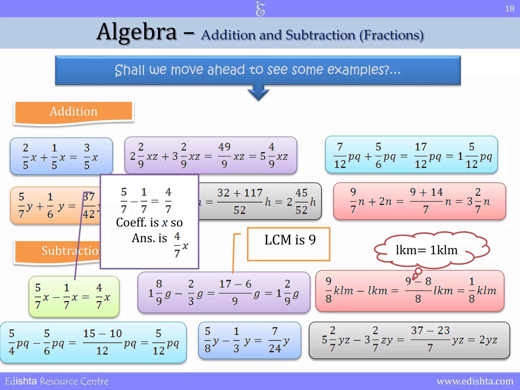 18 
Algebra – Addition and Subtraction (Fractions) 
Shall we move ahead to see some examples?... 
Addition 
Coeff. is x so 
Ans. is LCM is 9 
Subtraction lkm= 1klm 
Edishta Resource Centre www.edishta.com 
 