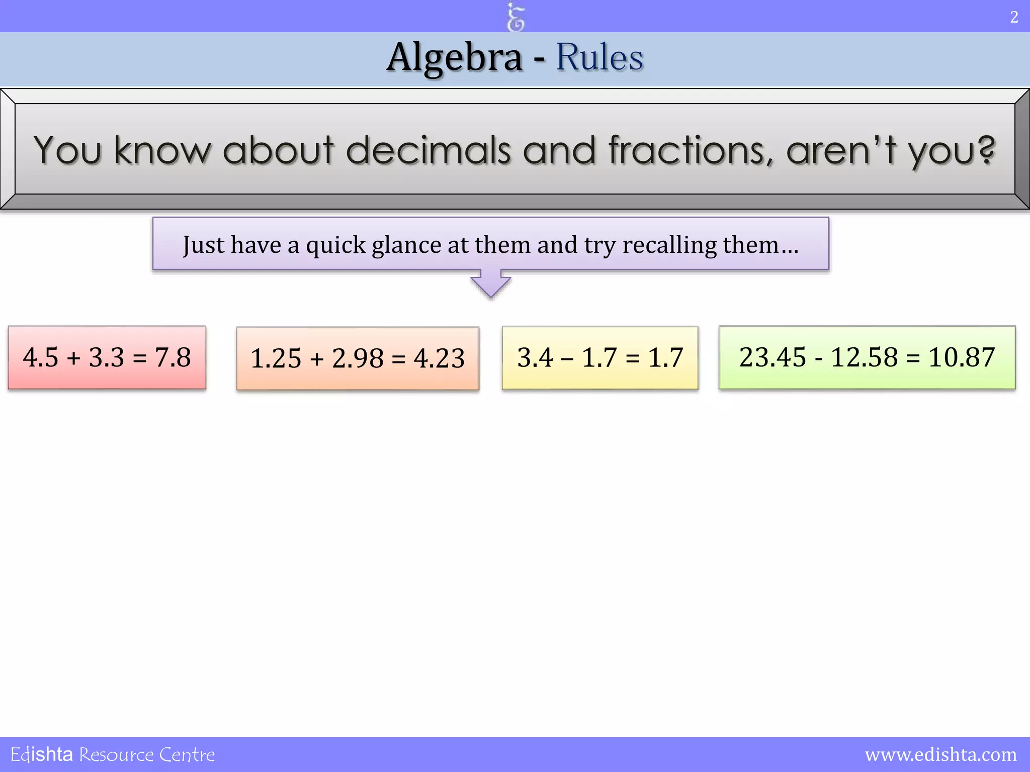 2 
Algebra - Rules 
You know about decimals and fractions, aren’t you? 
Just have a quick glance at them and try recalling them… 
4.5 + 3.3 = 7.8 1.25 + 2.98 = 4.23 3.4 – 1.7 = 1.7 23.45 - 12.58 = 10.87 
Edishta Resource Centre www.edishta.com 
 