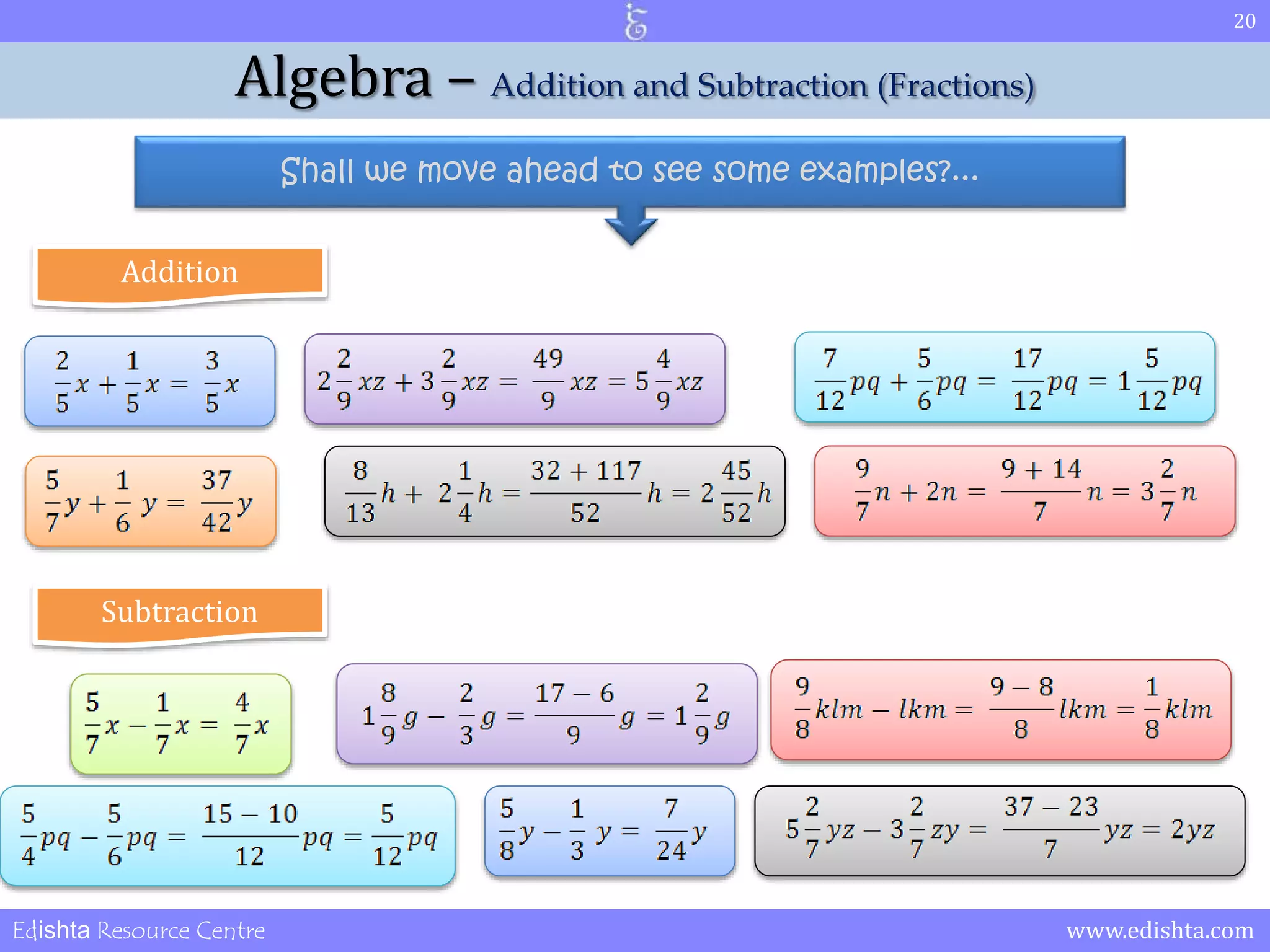 20 
Algebra – Addition and Subtraction (Fractions) 
Shall we move ahead to see some examples?... 
Addition 
Subtraction 
Edishta Resource Centre www.edishta.com 
 