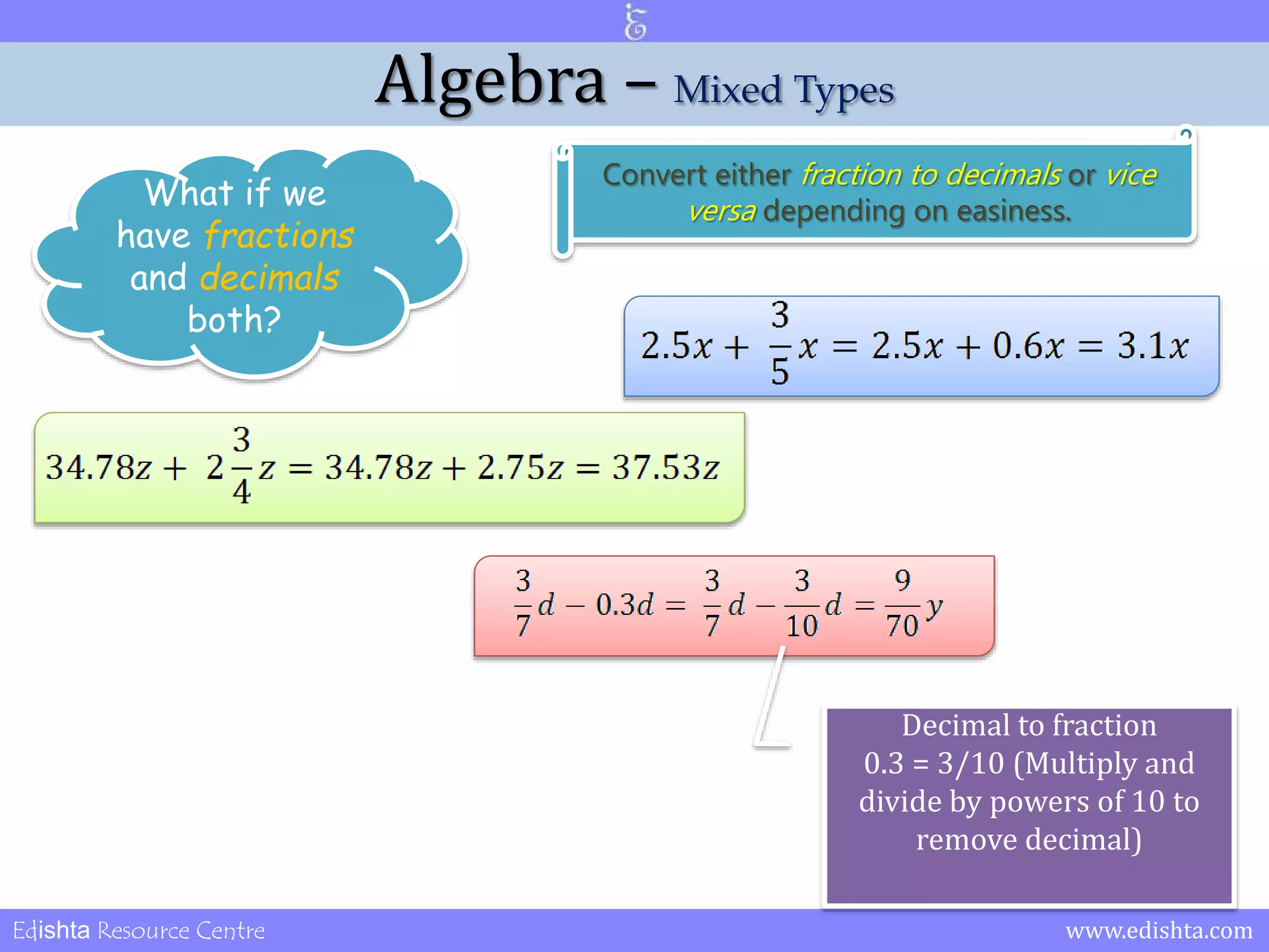 Algebra – Mixed Types 
What if we 
have fractions 
and decimals 
both? 
Convert either fraction to decimals or vice 
versa depending on easiness. 
Decimal to fraction 
0.3 = 3/10 (Multiply and 
divide by powers of 10 to 
remove decimal) 
Edishta Resource Centre www.edishta.com 
 