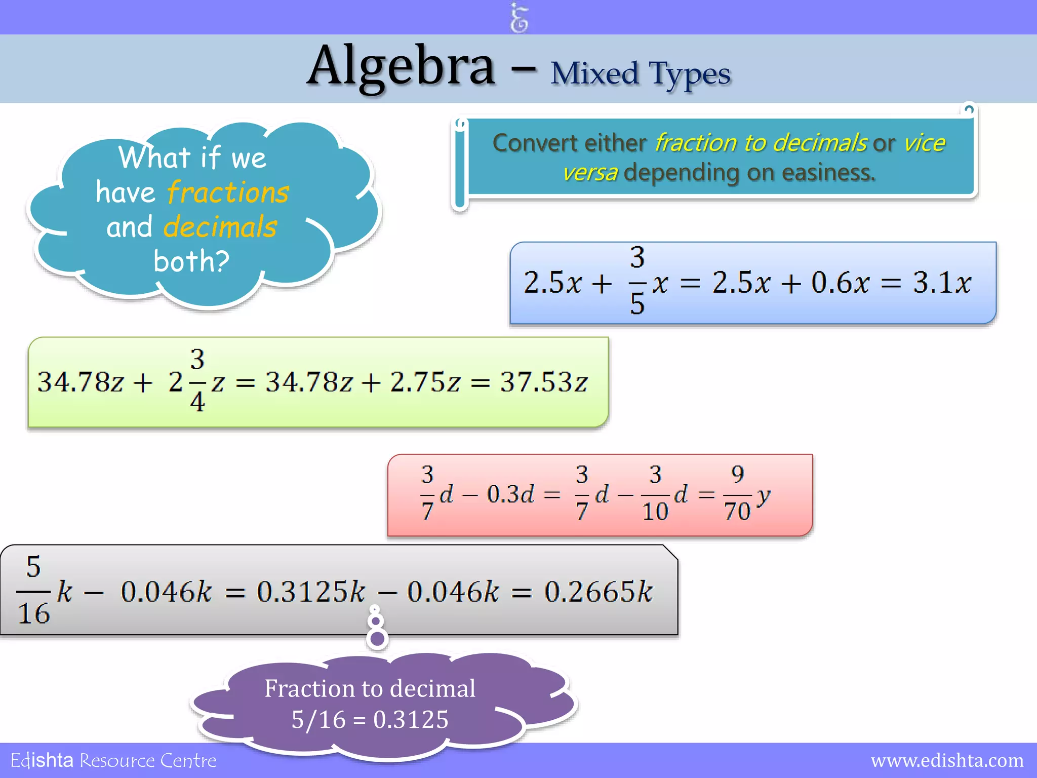 Algebra – Mixed Types 
What if we 
have fractions 
and decimals 
both? 
Convert either fraction to decimals or vice 
versa depending on easiness. 
Fraction to decimal 
5/16 = 0.3125 
Edishta Resource Centre www.edishta.com 
 