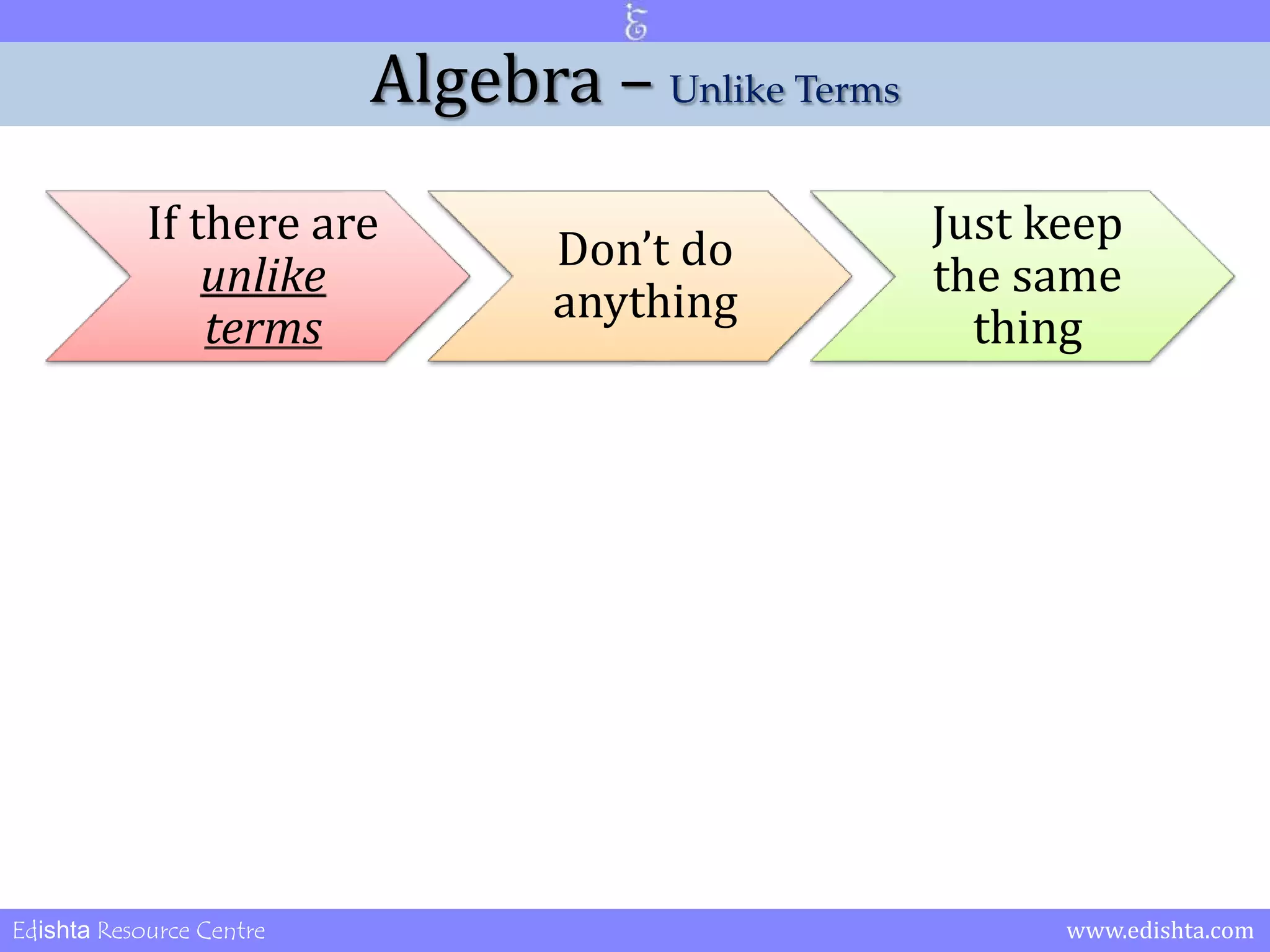 Algebra – Unlike Terms 
If there are 
unlike 
terms 
Don’t do 
anything 
Just keep 
the same 
thing 
Edishta Resource Centre www.edishta.com 
 