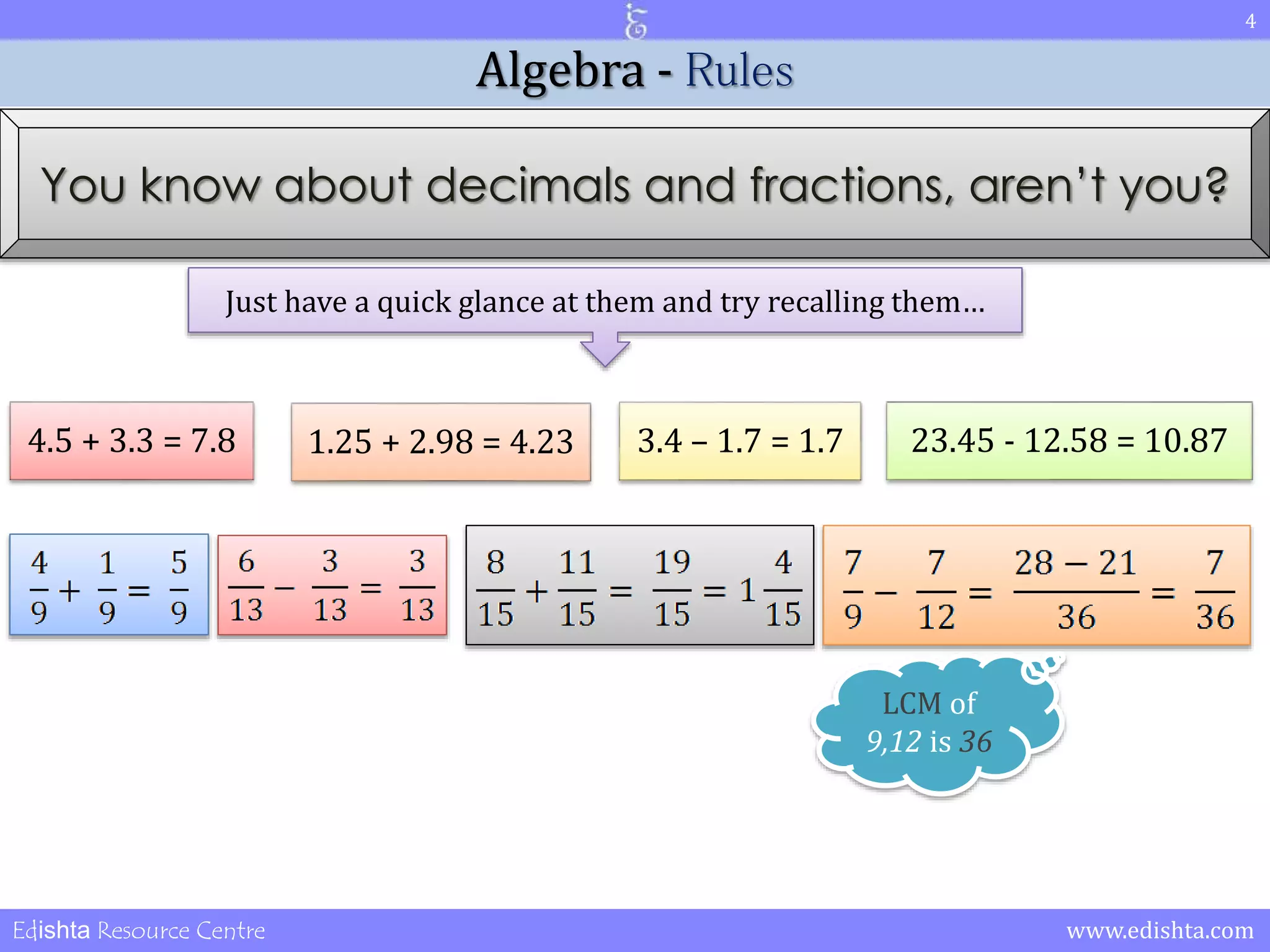 4 
Algebra - Rules 
You know about decimals and fractions, aren’t you? 
Just have a quick glance at them and try recalling them… 
4.5 + 3.3 = 7.8 1.25 + 2.98 = 4.23 3.4 – 1.7 = 1.7 23.45 - 12.58 = 10.87 
LCM of 
9,12 is 36 
Edishta Resource Centre www.edishta.com 
 