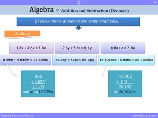 10 
Algebra – Addition and Subtraction (Decimals) 
Shall we move ahead to see some examples?... 
Addition 
1.2x + 4.6x = 5.8x 2.3y + 5.8y = 8.1y 6.8a + a = 7.8a 
8.45m + 4.835m = 13.285m 53.2qp + 32pq = 85.2pq 19.302abc + 0.8abc = 20.102abc 
8.45 
+ 4.835 
13.285 
and m so 13.285m 
19.302 
+ 0.8 ` 
20.102 
So 20.102abc 
Edishta Resource Centre www.edishta.com 
 