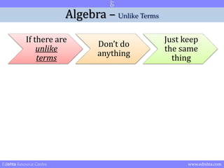 Algebra – Unlike Terms 
If there are 
unlike 
terms 
Don’t do 
anything 
Just keep 
the same 
thing 
Edishta Resource Centre www.edishta.com 
 