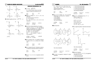 51 52COLEGIO DE CIENCIAS LORD KELVIN 4to Año Secundaria ÁLGEBRA 4to Año Secundaria
e) N.A.
a)
x
y b)
x
y
d)
x
yc)
x
y
21. Hallar la gráfica de: F(x) = 23x −−
e) N.A.
a)
x
b)
d)c)
y
-2
3
y
3
y
3
y
2
x x
x
EJERCICIOS PROPUESTOS N° 03
01. Si F(x) = 4 |x|3−
G = {(-4,1); (-3,0); (-1,5); (2,-1); (7,4)}
Indicar el número de elementos de G/F.
a) 3 b) 1 c) 2
d) 4 e) 5
02.Dado el conjunto A = {a, b, c, d} y las
relaciones:
R1 = {(a, a), (d, d), (a, d), (d, a)}
R2 = {(c, c), (b, b)}
R3 = {(a, a), (b, b), (c, b), (d, a)}, son
transitivas:
a) R1, R2 b) R1, R3 c) R2, R3
d) N.A. e) Todas
03.Sea R una relación definida en el conjunto
{x/x=2n , n e Z+
,5 < x < 25} y sea n(R) el
número de elementos de R. Cuáles de las
siguientes proposiciones son verdaderas.
I) n(R) = 10 ⇒ R no es reflexiva
II) n(R) = 10 ⇒ R es reflexiva
III) R es transitiva ⇒ n(R) > 3
Son verdaderas:
a) Sólo I b) sólo II c) sólo III
d) sólo I y II e) Todas
04.En el conjunto [1,8] ∩ Z se define la relación
R cómo. a R b ⇔ a es divisor de b. Hallar
n(R)
a) 16 b) 18 c) 20
d) 22 e) 24
05.Si el conjunto M tiene 2 elementos, entonces
el número de relaciones binarias en MxM es:
a) 22
b) 24
c) 28
d) 216
e) N.A.
06.Sea A = {1, 2, 3, 4, 5} y la siguiente relación
en A:
R = {(2,2), (2,1), (1,1), (4,4), (3,z), (x,y) ,
(x,z) , (2,3) , (z,y) , (3,1)} Si R es una
relación de equivalencia.
Hallar el valor de: 3x + 2y – z
a) 2 b) 4 c) 0
d) 7 e) N.A.
07.Sea R una relación en: A={1,2,3,4,5,6}
definida por “x es divisor de y”, entonces:
1. R es reflexiva
2. R es simétrica
3. R es Transitiva
Son ciertas solamente:
a) Todas b) 1,2 c) 1,3
d) 2,3 e) N.A.
08.Son funciones:
a
b
c
1
2
3
4
A B
a
b
c
1
2
A B
(1) (2)
a
b
1
2
A B
3
a
b
1
2
A B
(3) (4)
Son ciertas solamente:
a) Todas b) 1; 2 y 3 c) 2; 3 y 4
d) 3 y 4 e) N.A.
09.Se tiene los siguientes conjuntos de pares
ordenados:
1.- {(1,2), (2,3), (3,4), (4,3)}
2.- {(2,1), (3,2), (4,3), (3,4)}
3.- {(3,4), (2,3), (4,1), (2,3)}
4.- {(1,1), (2,2), (3,3), (4,4)}
Son funciones solamente:
a) Todas b) 1,2 y 3 c) 1,3 y 4
d) 1,3 y 5 e) N.A.
10.Sea f: A → R definida por f (x) = 4x
– 4.
Hallar el rango de f si:
A = {-1/2; -1; 0; 1; ½}
a) {0, -1, -2, -3, -4}
b) {-2, -3, 0, 3, 2}
c) {7/2, 15/4, 2, 3, 0}
d) {-15/4, -7/2, 0}
e) {–7/2, –15/4, –3, –2, 0}
11.Los siguientes gráficos representan funciones:
y
x
y
x
(1) (2)
y
x
(3)
Son ciertas solamente:
a) Todas b) 1 y 2 c) 1 y 3
d) 2 y 3 e) N.A.
12.Sean los conjuntos:
A = {2, 3, 4} y B = {3, 4, 5} y las siguientes
relaciones de A en B.
1.- {(2, 3), (3, 4), (4, 5)}
2.- {(3, 2), (4, 3), (5,4)}
S4AL34B “El nuevo símbolo de una buena educación....” S4AL34B “El nuevo símbolo de una buena educación...."
 