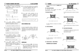 51 52COLEGIO DE CIENCIAS LORD KELVIN 4to Año Secundaria ÁLGEBRA 4to Año Secundaria
3. Si a ambos miembros de una desigualdad se
les multiplica o divide por una misma
cantidad negativa, entonces el sentido de la
desigualdad se invierte.
Sí a < b ∧ n < 0 ⇒




>
>
n
b
n
a
bnan
Aplicaciones:
–2 > 10 ⇒ x <
2
10
−
⇒ x< - 5
5
x
−
< 7 ⇒ x > 7 (-5) ⇒ x > -35
4. Si se suma miembro a miembro
desigualdades del mismo sentido, entonces el
sentido de la desigualdad se conserva.
Si: a < b; c < d ⇒ a + c < b + d
5. Si se resta miembro a miembro desigualdades
de sentidos contrarios, entonces se conserva
el sentido de la desigualdad que hizo de
minuendo.
Si a > b; c< d ⇒ a – c > b – d
6. Si se multiplica miembro a miembro
desigualdades del mismo sentido y con todos
sus miembros positivos, entonces se conserva
el sentido de la desigualdad.
Si: 0<a<b; 0 < c < d ⇒ ac < bd
7. Si se divide miembro a miembro
desigualdades de sentidos contrarios y con
todos sus miembros positivos, entonces se
conserva el sentido de la desigualdad que
hizo de dividendo.
Si a > b > 0 ∧ 0 < c < d ⇒
c
a
>
d
b
8. Si se eleva ambos miembros de una expresión
o un mismo exponente impar entonces el
sentido de la desigualdad se conserva.
Si a > b ⇒ 1n2
a +
> 1n2
b +
9. Si se eleva ambos miembros de una
desigualdad a un mismo exponente por
entonces se conserva el sentido de la
desigualdad siempre que ambos miembros
sean positivos.
Si a<b y a > 0 ∧ b > 0 ⇒ n2n2
ba >
RECTA NUMÉRICA REALRECTA NUMÉRICA REAL
Es una recta geométrica donde se establece una
biyección, es decir a cada número real se hace
corresponder un único punto de la recta y para
cada punto de la recta sólo le corresponde un único
número real.
Números
Negativos
Números
Positivos
x > 0
x < 0
+ ∞- ∞ +
-
0
INTERVALOSINTERVALOS
3. Sea I un subconjunto de IR (I ⊂ IR). Decimos
que I es un intervalo, si y sólo sí es el
conjunto de todos los número reales que están
comprendidos entre dos extremos (que
pueden ser finitos o ideales).
Si I es un intervalo, puede ser: acotado o no
acotado
A. Intervalos Acotados
Son intervalos cuyos extremos son números
reales (finitos) y a su vez serán:
1. Intervalo Cerrado
a b
x
-∞ + ∞
Si: x ∈ [a; b] ⇒ a ≤ x ≤ b
En dicho intervalo se incluyen los extremos
“a” y “b”.
2. Intervalo Abierto
a b
x
-∞ + ∞
Si: x ∈ <a; b> ⇒ a < x < b
En dicho intervalo no están incluidos los
extremos “a” y “b”.
3. Intervalo Semi – abierto Mixto
Semiabierto por la izquierda
a b
x
-∞ + ∞
Si: x ∈ <a; b] ⇒ a < x ≤ b
En dicho intervalo sólo se incluye el extremo
“b”.
Semi-abierto por la derecha
a b
x
-∞ + ∞
Si x ∈[a; b> ⇒ a ≤ x < b
En dicho intervalo sólo se incluye el extremo
“a”.
B. Intervalos No Acotados
Se denomina así cuando por lo menos uno de
los extremos es el ideal +∞ ó -∞.
Estos son de la forma:
1.
a
x
-∞ + ∞
Si: x ∈ <a; +∞> ⇒ x > a
2.
a
x
-∞ + ∞
S4AL34B “El nuevo símbolo de una buena educación....” S4AL34B “El nuevo símbolo de una buena educación...."
 