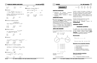 51 52COLEGIO DE CIENCIAS LORD KELVIN 4to Año Secundaria ÁLGEBRA 4to Año Secundaria
a) – 12 b) – 6 c) 6
d) 9 e) 12
14. Resolver:
1nloglog)
10
x4
(log1 x −=
−
+
¿Cuántas raíces tiene esta ecuación para un
valor determinado de “n”?
a) 1 b) 2 c) 3
d) 4 e) 5
15. Resolver la siguiente ecuación:
27)xlog(log ))xlog((loglog
)x(loglog3
=−
a) 102
b) 103
c) 104
d) 10 e) 105
16. Hallar el valor de:
( )
04,0
125,03
log
2 3log
93 25log135log −
a) x b) 3 c) 0
d) 4 e) 5
17. Resolver:
......)b.(log)b.(log)b(log
32
xlogxlogxlog
a) 200 b) 100 c) 400
d) 20 e) 150
18. Qué valor de “x” verifica la igualdad:
)]3log3(logco[logantixloganti 3624 =
a) -1 b) 1 c) 3
d) 4 e) -2
19. Calcular E si x = 10
3





 ++=
xlogxlogxlog
x
623
643logE
a) 11 b) 3 c) 10
d) 9 e)12
20. Resolver el sistema. Hallar “x”:
8
y
x
logxylog 22
=− . . . . . . . . . (1)
ylogxlog
42 = ……. . . . . (2)
a) 100 b) 1/ 100 c) 2/ 50
d) 1 e) 300
OBJETIVOS ESPECIFICOSOBJETIVOS ESPECIFICOS:
 Diferenciar los términos: Progresión
Aritmética y Progresión Geométrica.
 Interpolar Medios Aritmética y Medios
Geométrica.
COMENTARIO PREVIO:COMENTARIO PREVIO:
En muchas ocasiones los conjuntos de elementos
cualesquiera se ordenan de igual manera que
están ordenados los números naturales.
Siempre que los elementos de un conjunto estén
en correspondencia con los números naturales 1;
2; 3; … , de forma que a cada elemento le
asignamos un número natural correspondiente, el
conjunto se convierte en una SUCESION.
¿QUÉ ES UNA SUCESIÓN?
Es una función definida de N a R en la forma
siguiente:
S: N R
S: n an
N R
S
n
an
n an
1 a1
2 a2
3 a3
4 a4
: :
: :
n an
Sucesión: a1; a2; a3;…; an
Ejemplos:
1; 4; 9; 16; 25; 36; 49
1; -x;
2
x2
; –
3
x3
;
4
x4
; –
5
x5
;
6
x6
;
….
Cuando el número de términos es limitado, se
dice que la sucesión es finita. Cuando el número
de términos es ilimitado, la sucesión es infinita.
El término general o término enésimo es una
expresión que indica la ley de formación de los
términos de la sucesión.
Ejemplo: El término general de la sucesión:
1; 4; 9; 16; 25; 36; 49 es n2
∀ n ∈ N
Dentro de las sucesiones tenemos las
PROGRESIONES.
CONTENIDO TEÓRICO:CONTENIDO TEÓRICO:
PROGRESIÓN ARITMÉTICA
Es aquella, en la cual un término cualquiera,
excepto el primero, es igual al anterior aumentado
en una cantidad constante llamada razón
aritmética. A la progresión aritmética también se
le denomina progresión por diferencia.
Representación
÷ a1. a2 . a3 ..................… an
÷ a1. (a1 + r). (a1 + 2r). … [a1 + (n – 1) r]
Elementos de una progresión aritmética
÷ = Inicio de la progresión aritmética.
a1= primer término
an= término enésimo
r = razón de la progresión aritmética
Sn= Suma de los “n” primeros términos
Clases de progresión aritmética:
De acuerdo a la razón:
* Si: r > 0 Progresión Aritmética Creciente
S4AL34B “El nuevo símbolo de una buena educación....” S4AL34B “El nuevo símbolo de una buena educación...."
PROGRESI
 