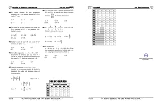 51 52COLEGIO DE CIENCIAS LORD KELVIN 4to Año Secundaria ÁLGEBRA 4to Año Secundaria
03.El cuarto término de una progresión
aritmética es 9 y el noveno término es –6, la
razón “r” vale:
a) 3 b) − 3 c) 2
d) − 2 e) − 1
04.La suma de los tres números que están en
P.A. creciente es 27 y su producto 243.
Hallar la razón.
a) 2 6 b) 3 6 c) 4 6
d) 5 6 e) N.A.
05.Hallar la razón de una P.A. si la suma de “n”
términos es n( 5n − 3 ).
a) 8 b) 10 c) 7
d) 5 e) N.A.
06. En la P.A. siguiente: ÷ . . . 5. . . 47. . . 159
El número de términos que hay entre 47 y
159 es el triple del número de términos que
hay entre 5 y 47, Hallar la razón de la P.A.
a) 3 b) 5 c) 7
d) 9 e) N.A.
07. Dada la progresión: ÷ a1. a2. a3. … .an −7
Calcular el cociente que resulta de dividir la
sumatoria de todos sus términos entre el
término medio.
a) 




 −
2
7n
b) ( n − 6 )
c) 




 +
2
7n
d) n − 7 e)
3
2
( n − 7 )
08. La suma del cuarto y noveno término de una
P.A. es 32 y la relación del sexto al octavo
término,
15
19
. El término doceavo es:
a) 27 b) 16 c) 8
d) 29 e) N.A.
09.Si:
xa
5
,
x
4
,
xa
3
+−
están en P.A.
Señale la afirmación correcta.
a) 3 x = 2 a b) 3 x = a c) 3x=
3
a
d) 3 x = 4 a e) 3 x =
4
a
10.Si se sabe que:
(x – 4); (x); (x + 2); (y + 1); (3y); (9y – 6) es
una progresión geométrica. Además que x, y,
z es una progresión aritmética. Halle z.
a) 6 b) 4 c) 8
d) 2 e) 5
SOLUCIONARIO
N°
Ejercicios Propuestos
01 02 03 04 05
01. E A C C C
02. C A E D B
03. E A B D D
04. B D C E B
05. D B B E B
06. D E E B C
07. C B C C C
08. E A C A A
09. A A C D C
10. C D E C A
11. B A B A E
12. E D B D B
13. A C B A
14. B B B B
15. D B D B
16. A A C
17. B B D
18. C C B
19. D C B
20. D E B
GRUPO EDUCATIVO INTEGRAL
copyright 2003
S4AL34B “El nuevo símbolo de una buena educación....” S4AL34B “El nuevo símbolo de una buena educación...."
 